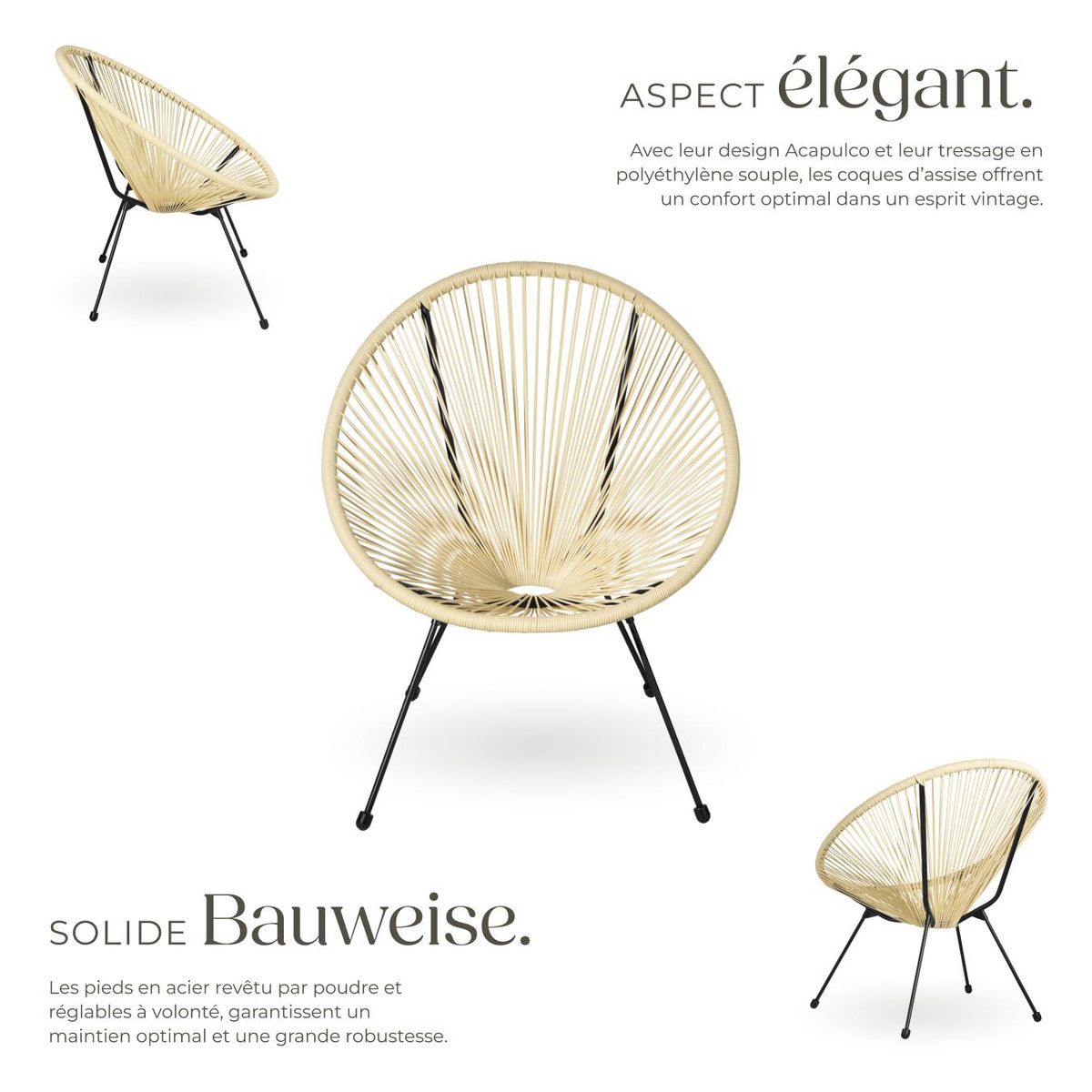 tectake Ensemble de 2 chaises de jardin avec table design rétro dans le style Acapulco beige