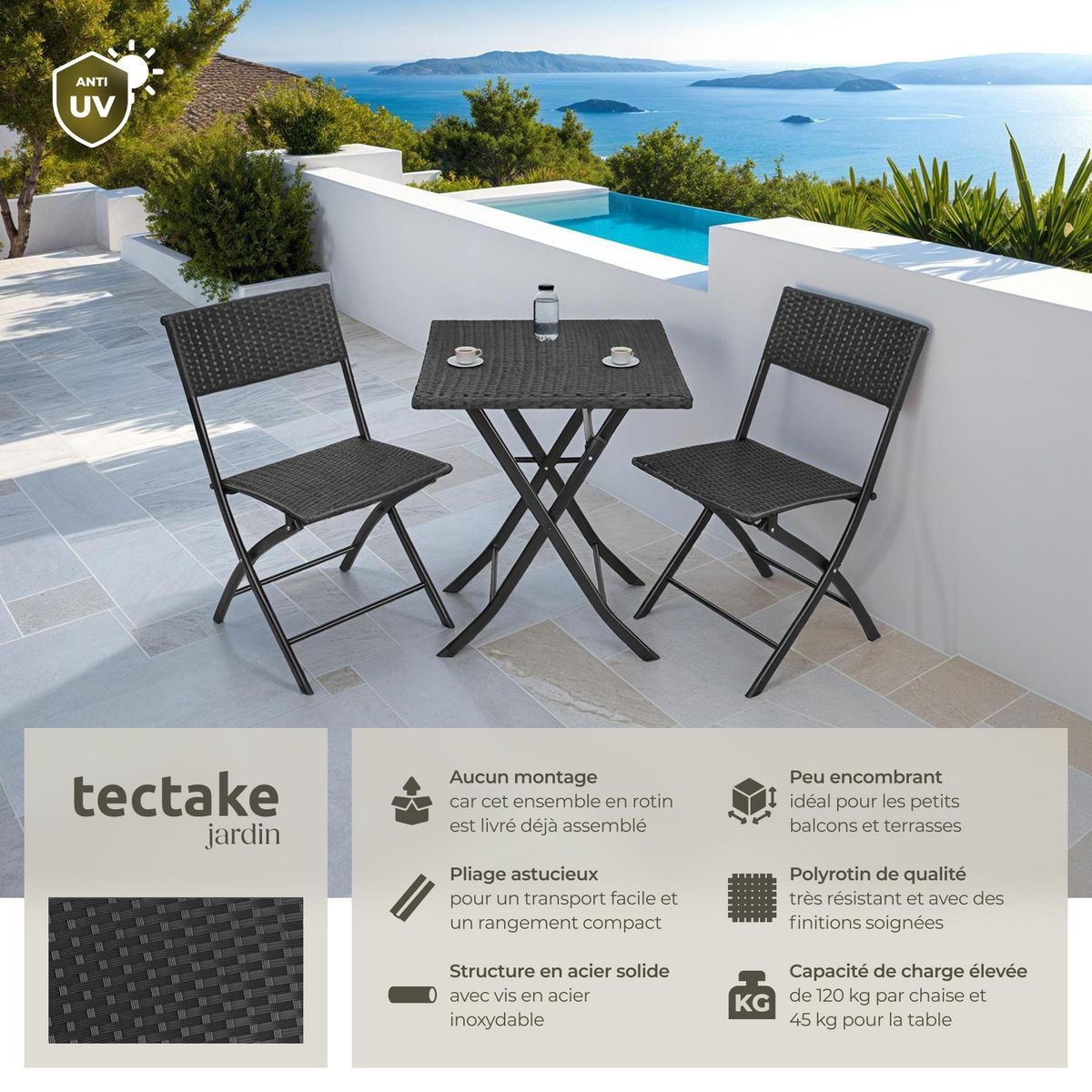 tectake Salon de jardin pour 2 personnes noir