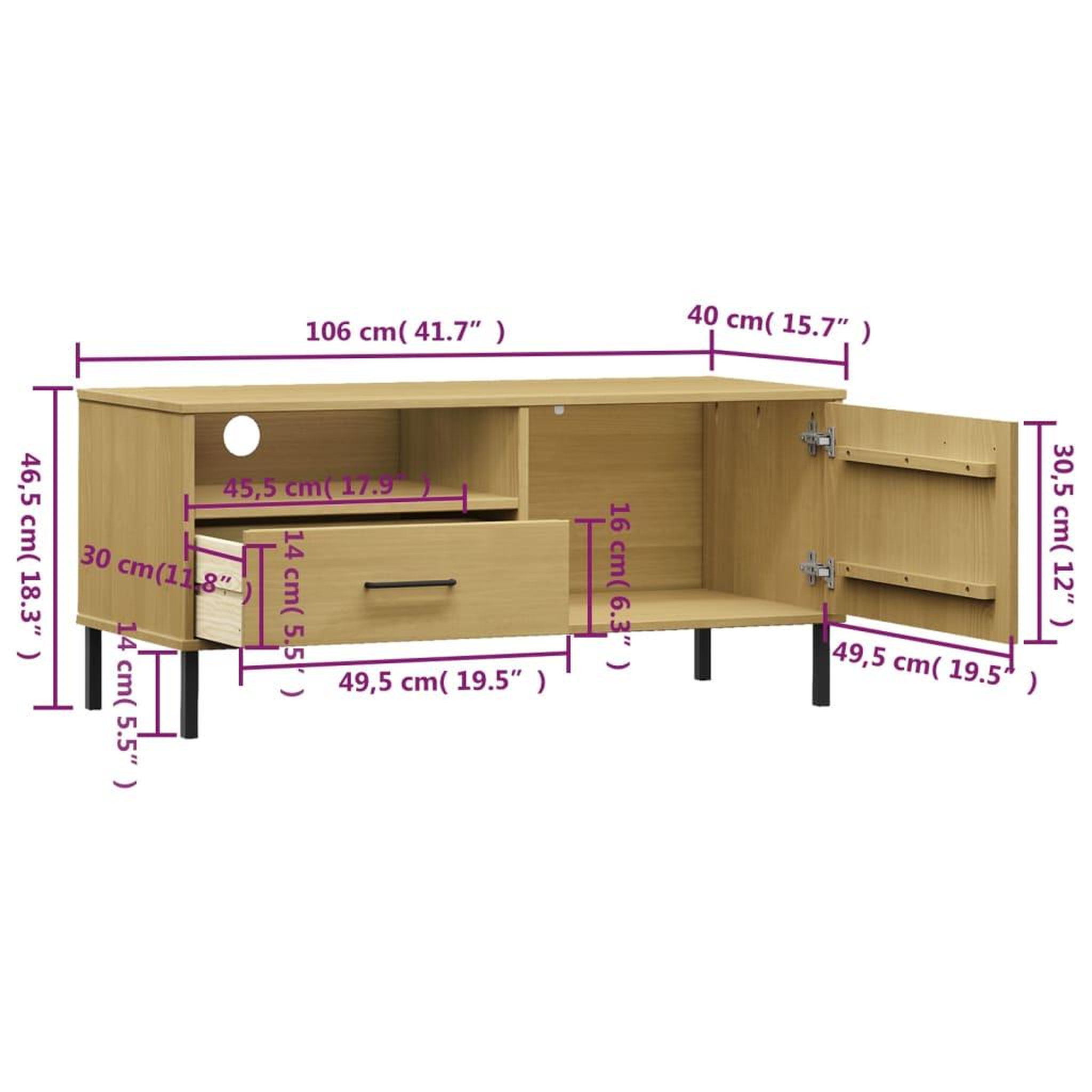 Voir la diapositive 6 : VIDAXL Meuble TV avec pieds en metal Marron Bois de pin massif OSLO