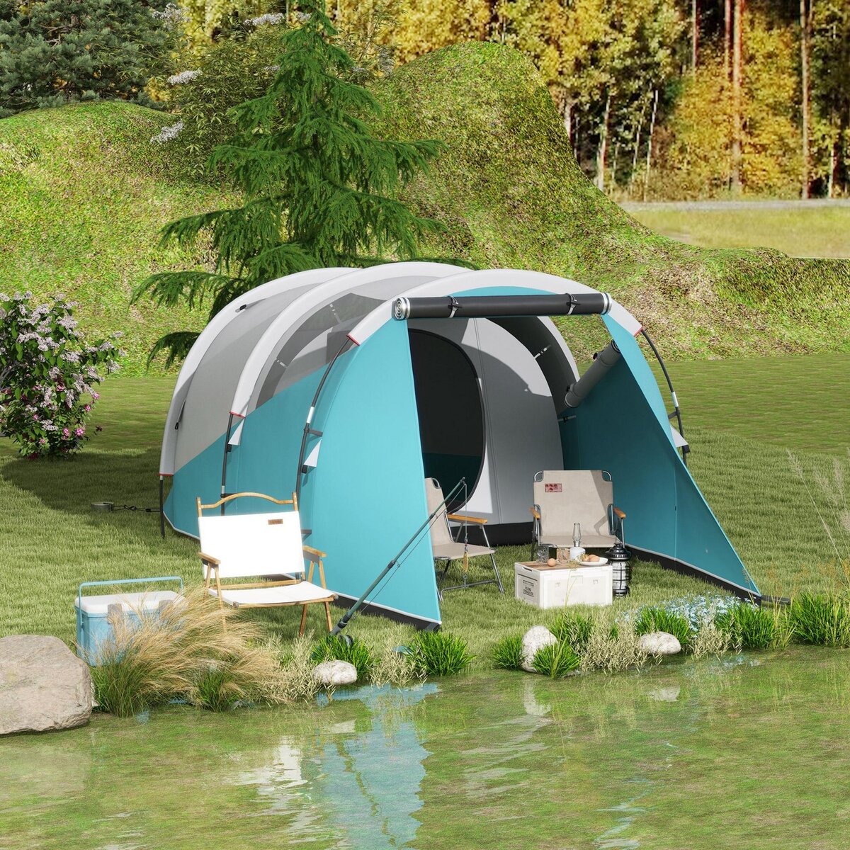 OUTSUNNY Tente de camping familiale 4-5 personnes - tente tunnel 2 portes fenêtres - dim. 4,6 x 2,6 x 1,9 m - bleu gris