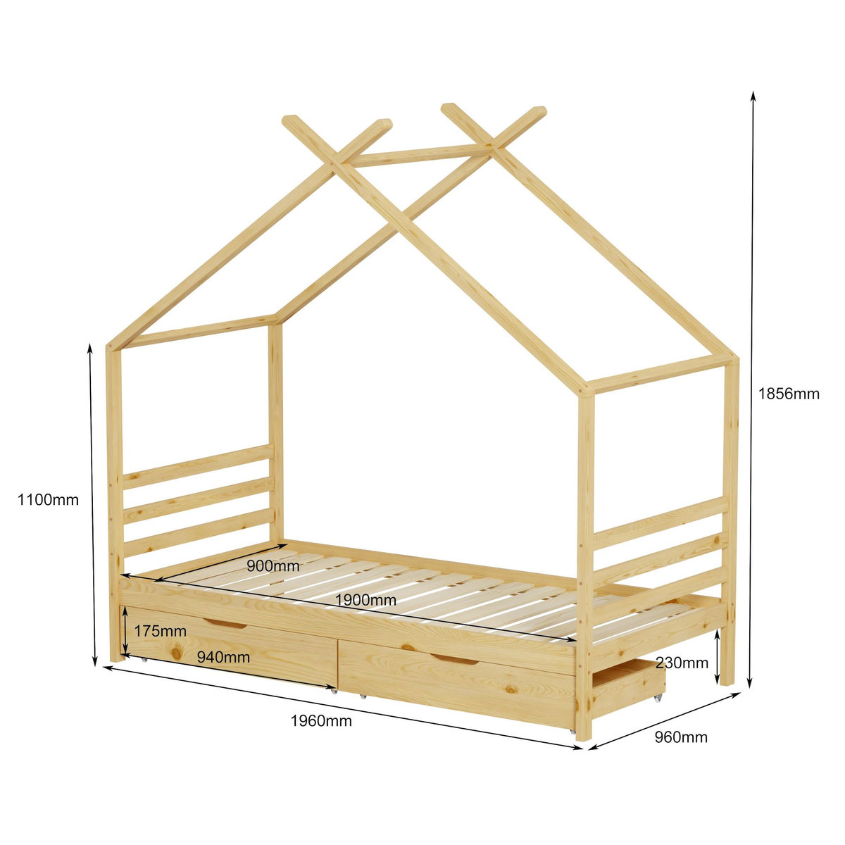 MINEA MINEA | Lit cabane avec tiroir BAMBINO 90x190 cm (matelas non inclus)