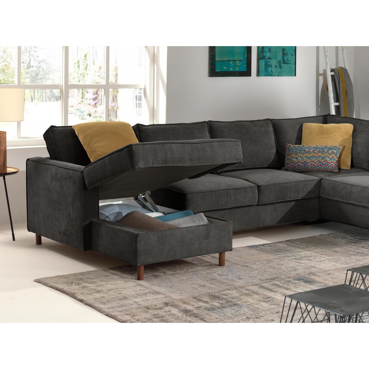 LISA DESIGN Jake - canapé panoramique d'angle droit - convertible avec coffre - 7 places - en velours côtelé