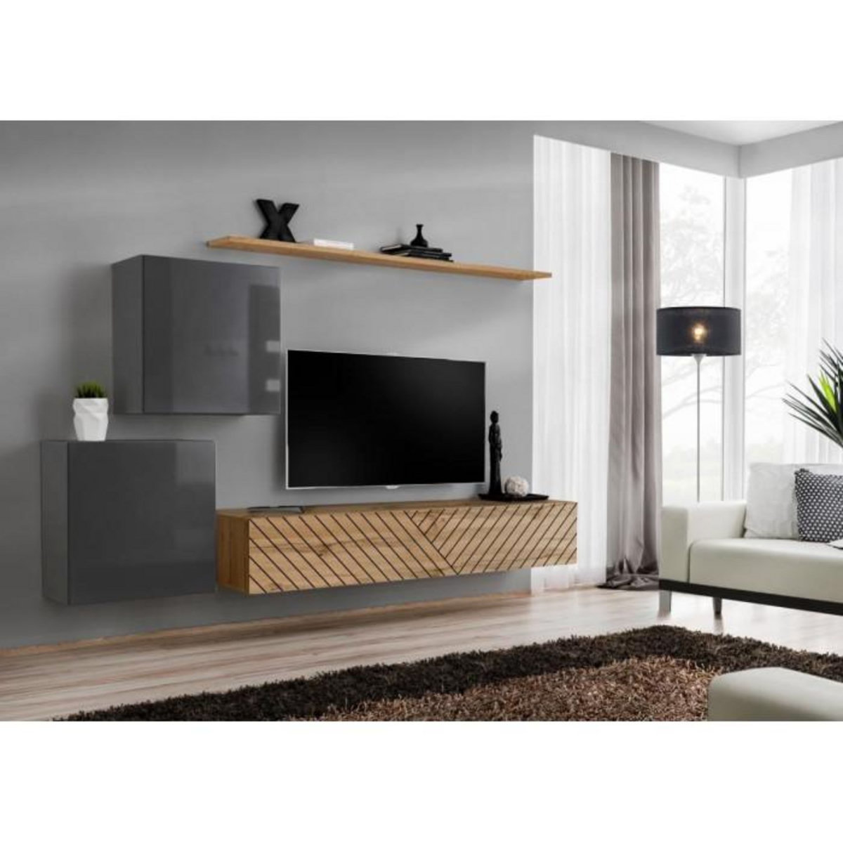Paris Prix Ensemble Meuble TV  Switch Lamel V  250cm Naturel & Gris