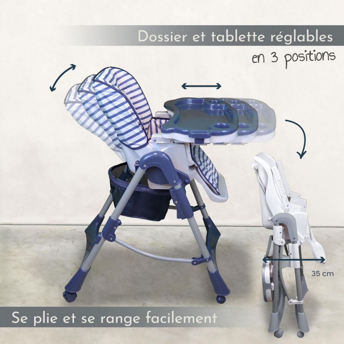 Monsieur Bébé Chaise haute bébé pliable réglable hauteur dossier tablette - Ptit
