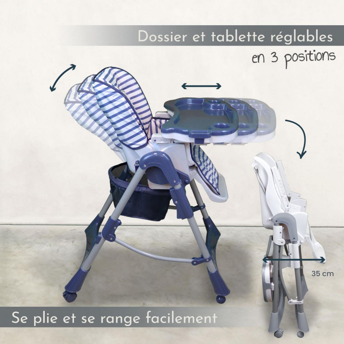 Monsieur Bébé Chaise haute bébé pliable réglable hauteur dossier tablette - Ptit