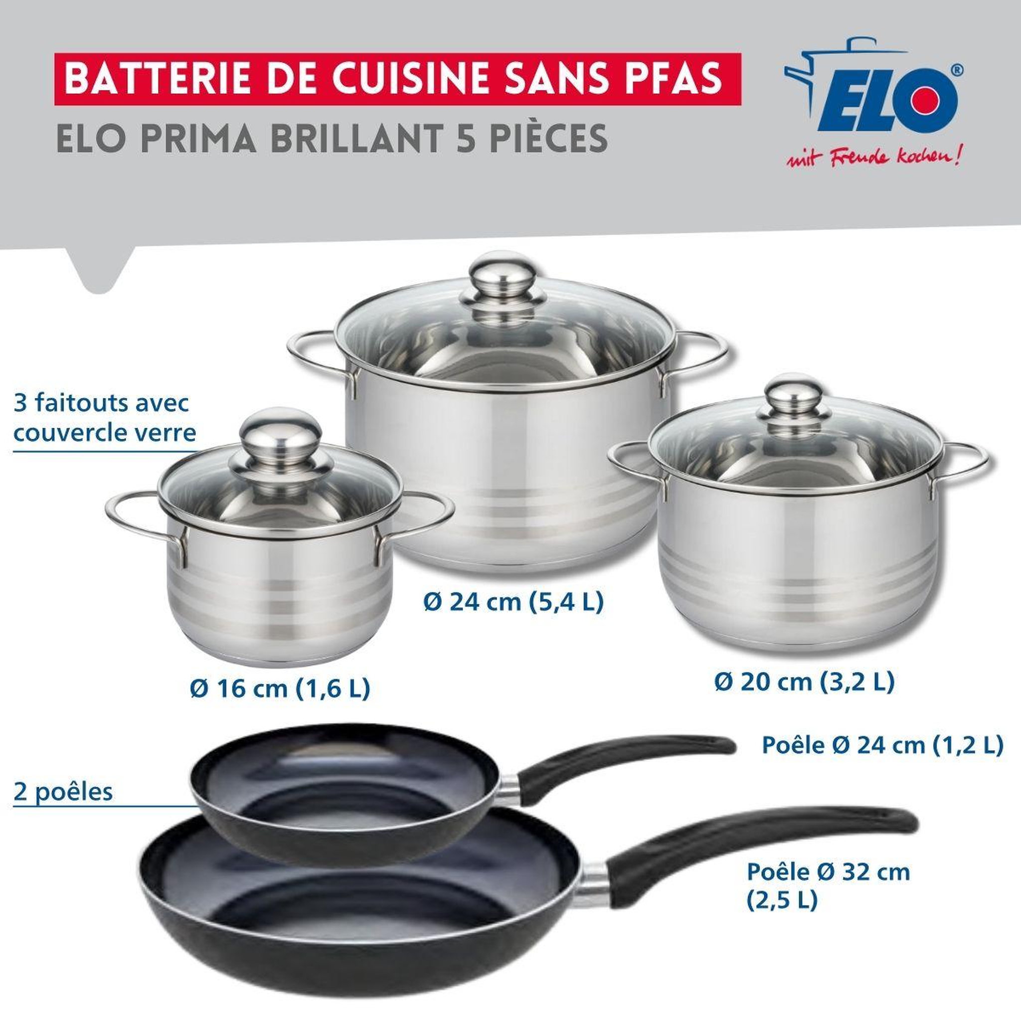 Voir la diapositive 2 : ELO Ensemble de 2 poêles de cuisson 24 et 32 cm et 3 faitouts 16, 20 et 24 cm elo prima brillant