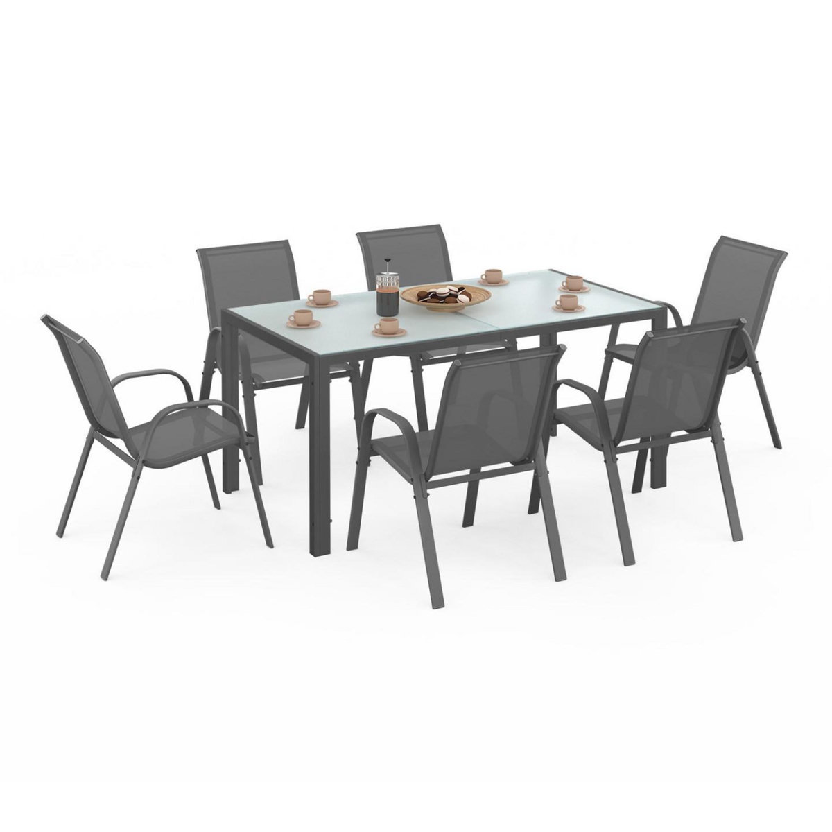 ID MARKET Salon de jardin MADRID table 150 CM et 6 chaises empilables gris anthracite plateau clair