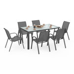 ID MARKET Salon de jardin MADRID table 150 CM et 6 chaises empilables gris anthracite plateau clair