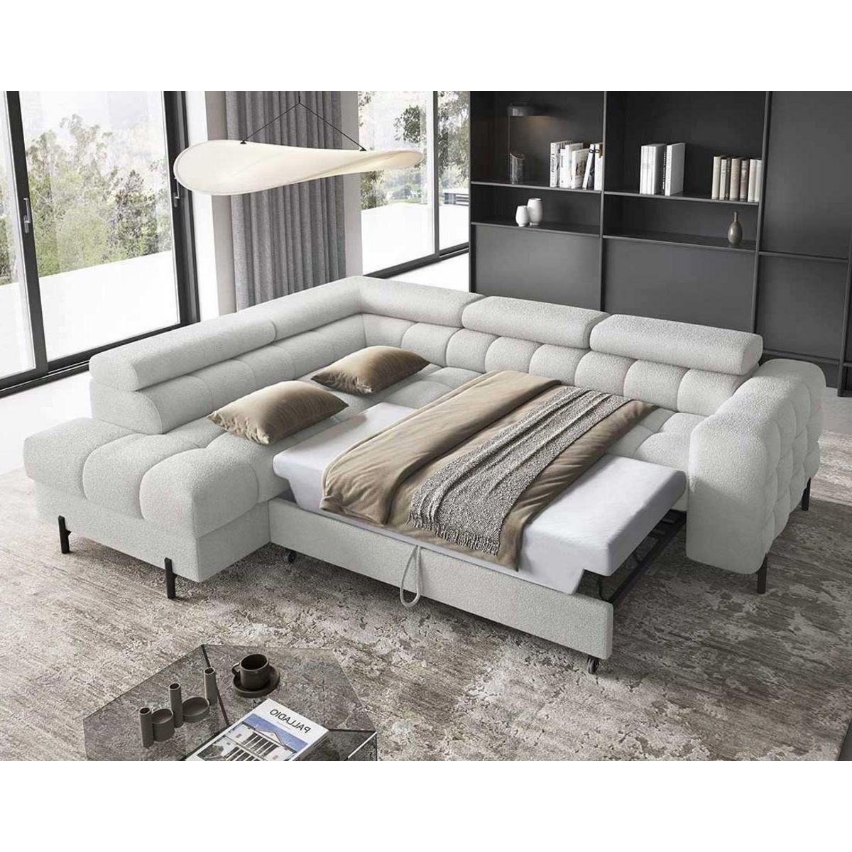 BEST MOBILIER Elisa - canapé d'angle gauche 5 places convertible avec coffre et têtières réglables en tissu bouclette