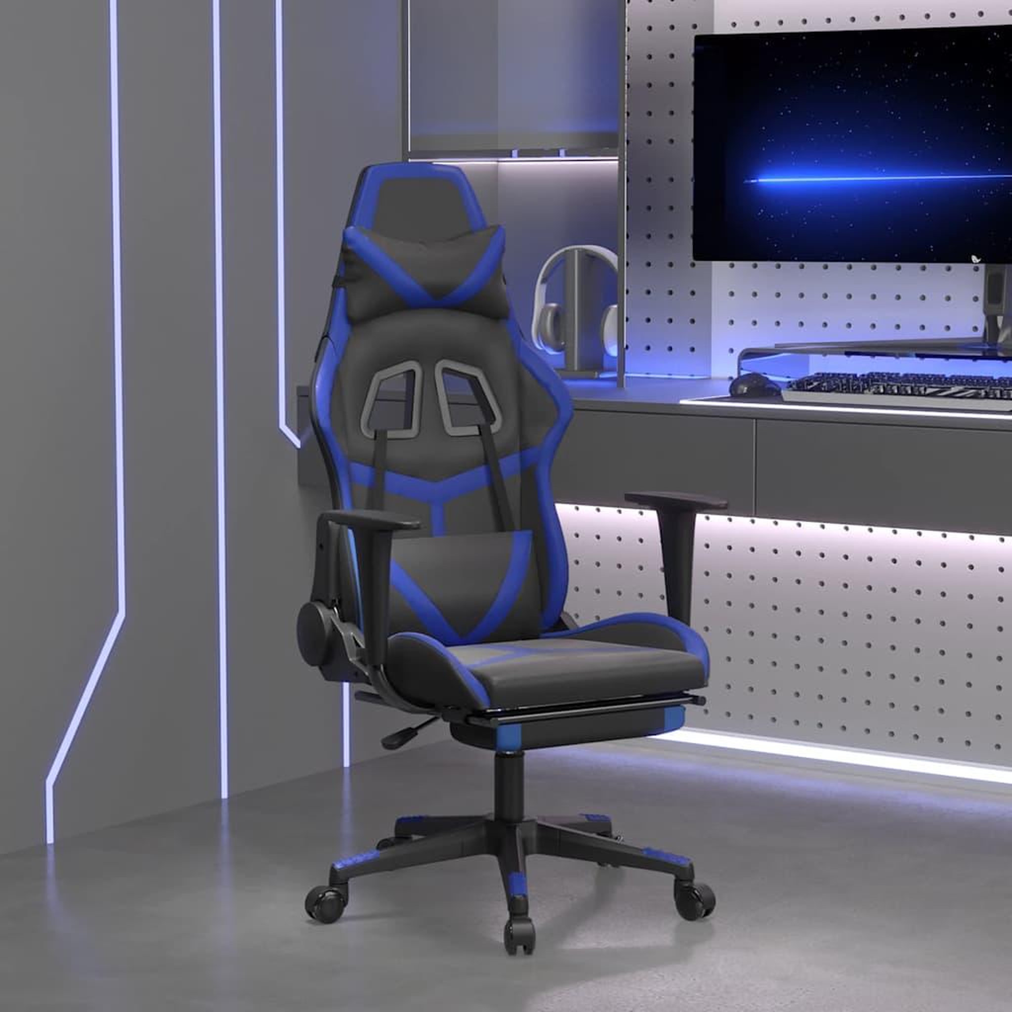 VIDAXL Chaise de jeu de massage et repose-pied Noir et bleu Similicuir