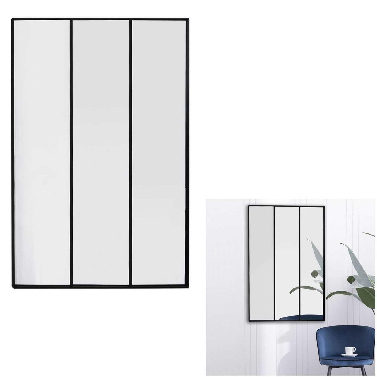 TOILINUX Miroir XXL style verrière en 3 parties en métal - Noir