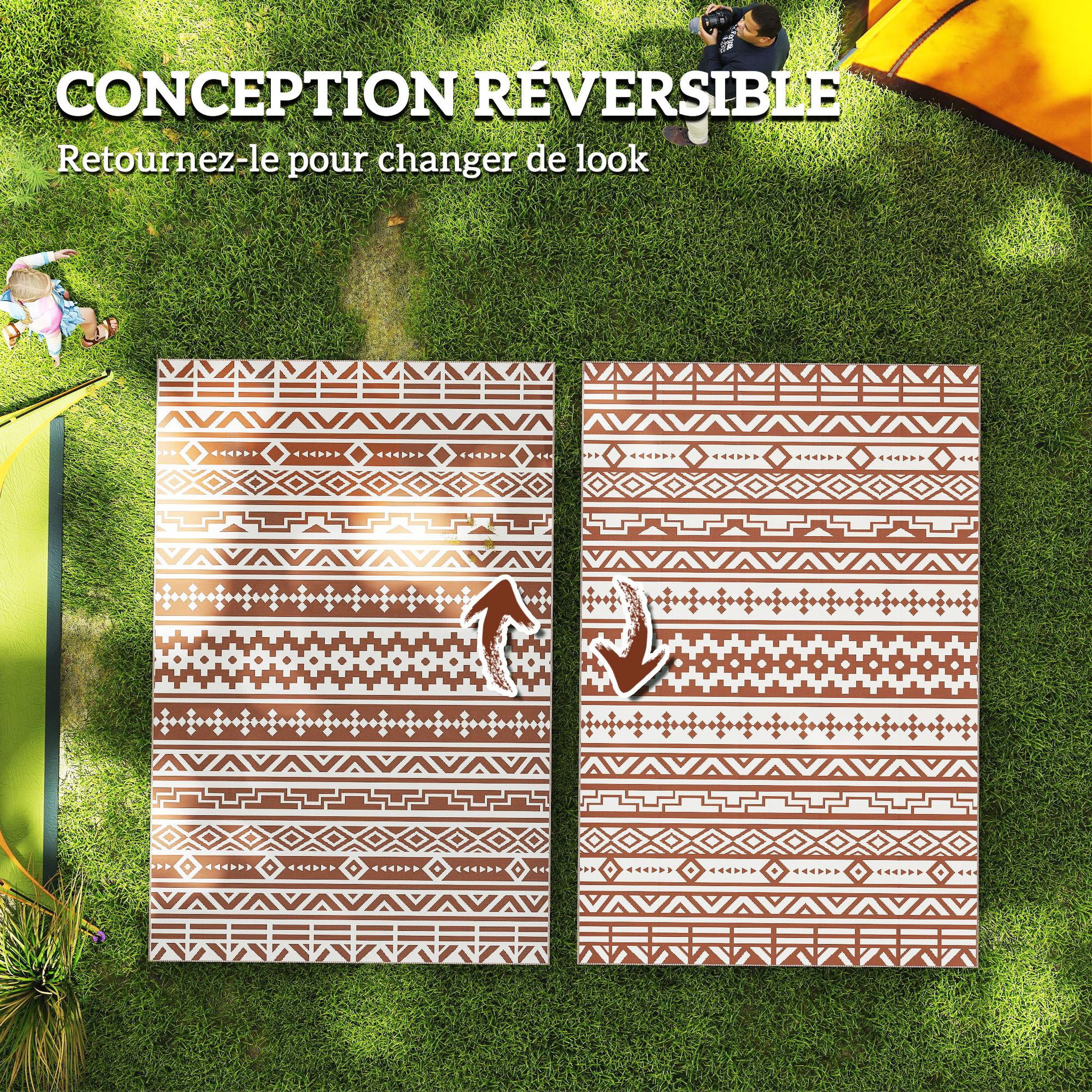 Voir la diapositive 4 : OUTSUNNY Tapis d'extérieur réversible motif graphique dim. 1,8 x 2,7 m sac transport inclus terracotta beige