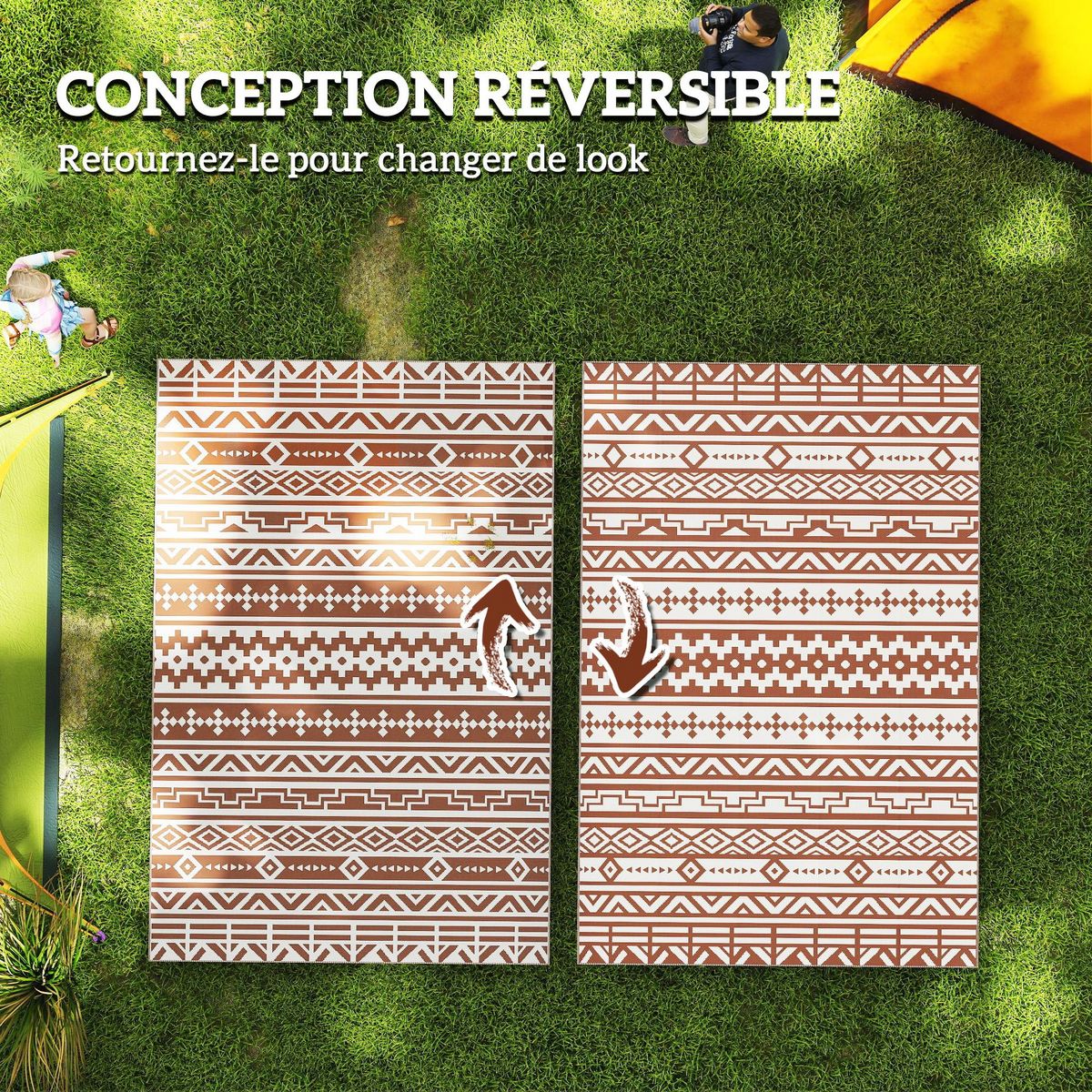 OUTSUNNY Tapis d'extérieur réversible motif graphique dim. 1,8 x 2,7 m sac transport inclus terracotta beige