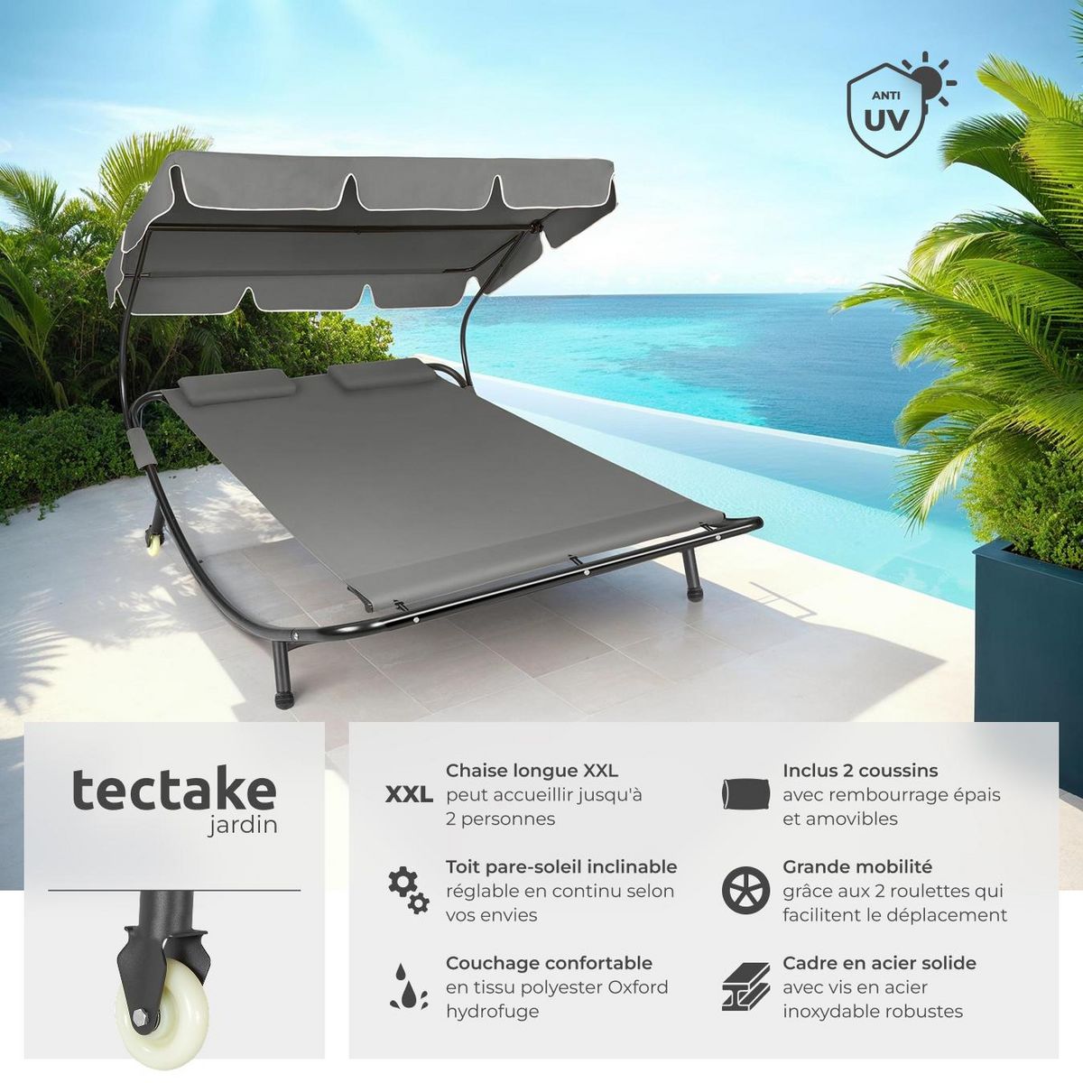 tectake Transat en acier pour 2 personnes noir/gris