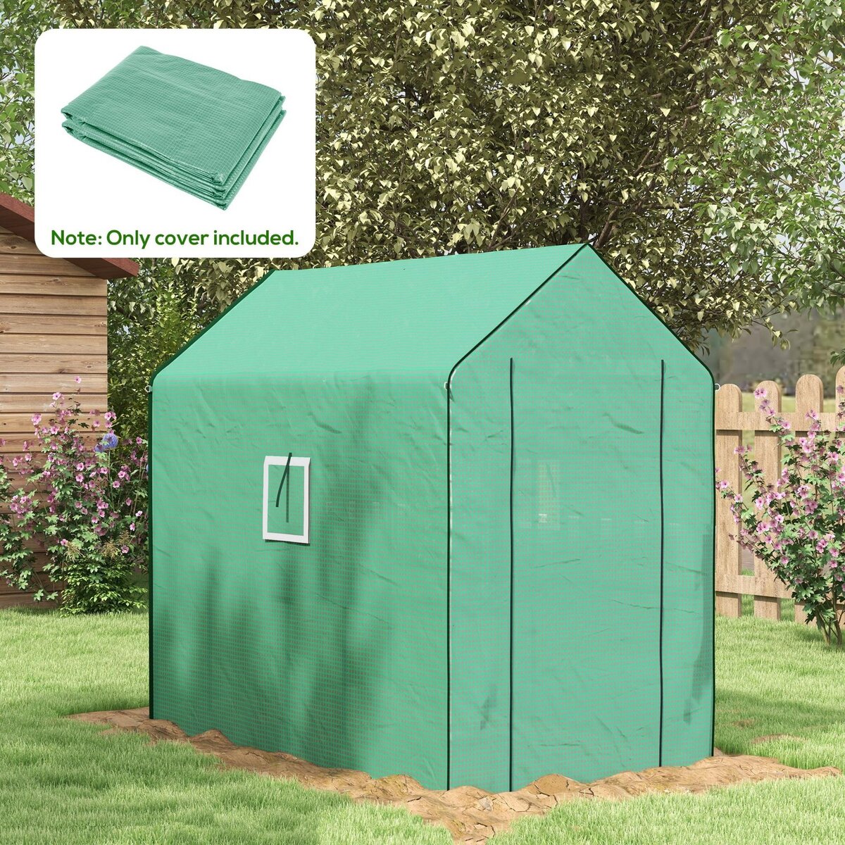 OUTSUNNY Bâche de remplacement serre de jardin dim. 140L x 213l x 190H cm - 2 fenêtres, porte zippée enroulable - PE anti-UV imperméable vert