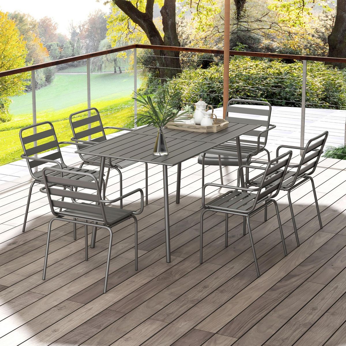 OUTSUNNY Salon de jardin 6 places 7 pièces - table à manger 6 chaises empilables - acier thermolaqué gris