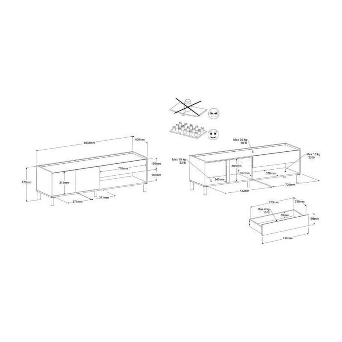 PARISOT Meuble TV - MORPHOS - Décor blanc / Chene - 150 x 47,3 x 40 cm - PARISOT