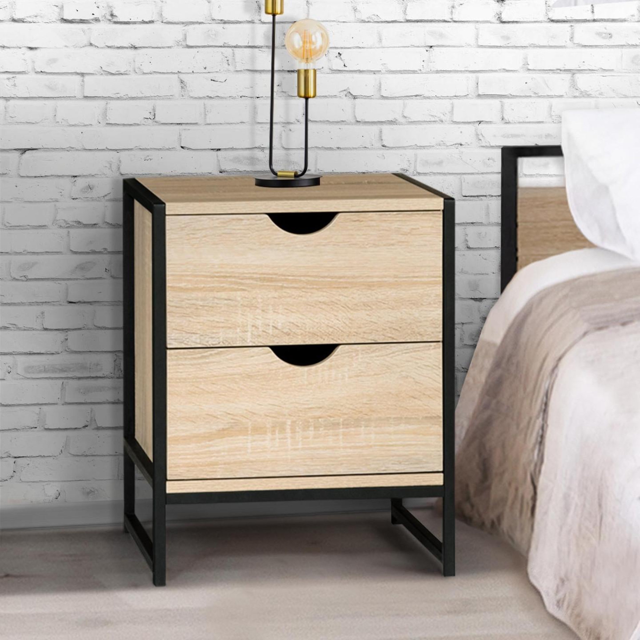 Voir la diapositive 2 : ID MARKET Lot de 2 tables de chevet detroit 2 tiroirs bois et métal noir design industriel