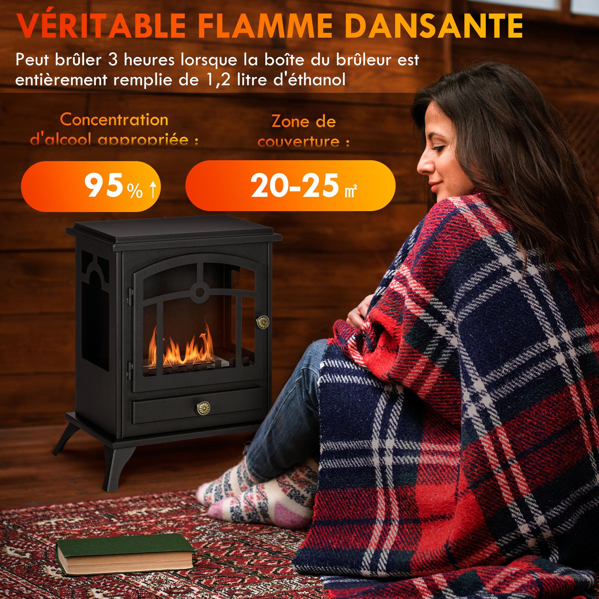 Voir la diapositive 4 : HOMCOM Cheminée bioéthanol sur pied style néo-rétro poêle 1 brûleur 1,2 l dim. 45l x 28l x 54h cm couverture 20-25 m² acier noir