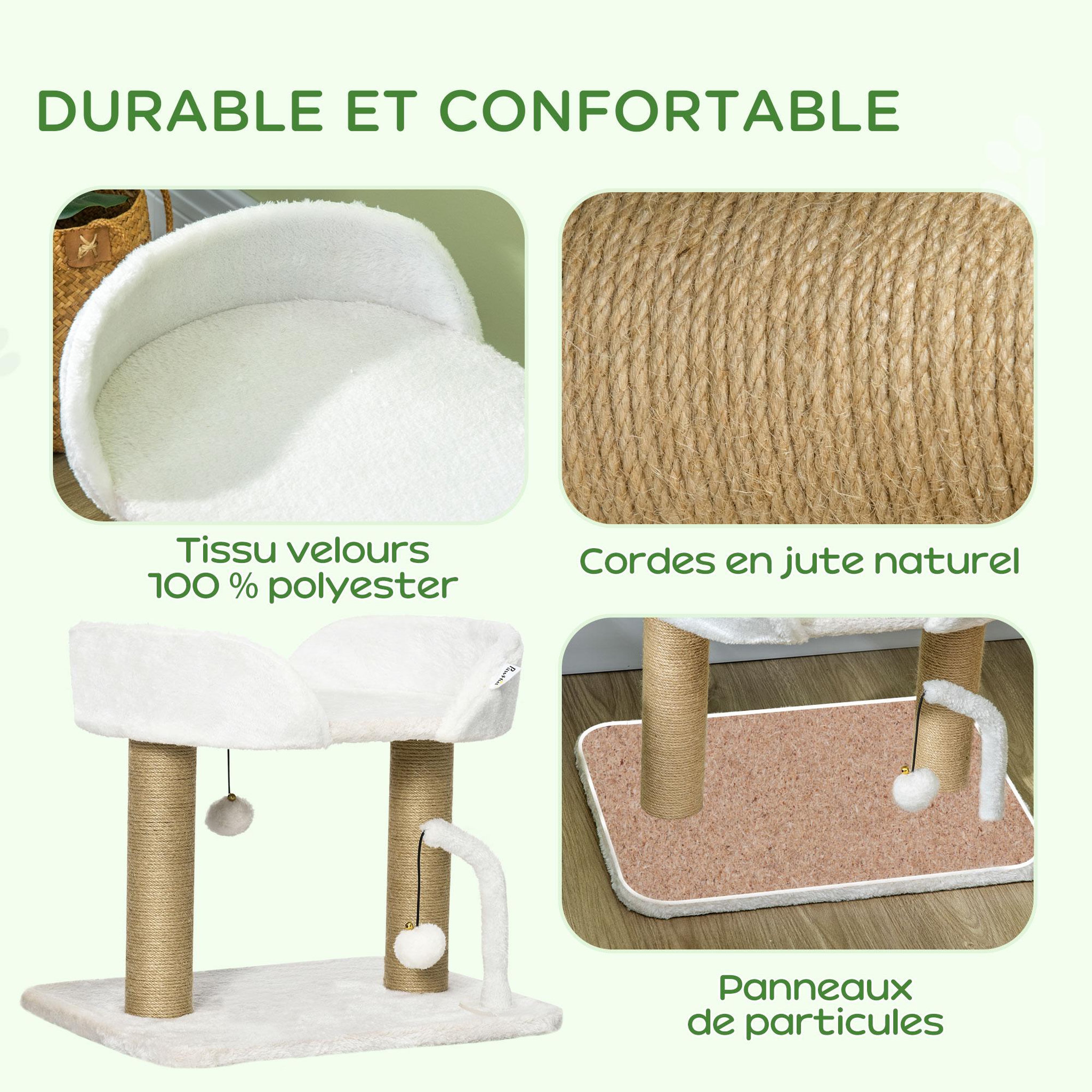 Voir la diapositive 4 : PAWHUT Arbre à chat 2 griffoirs jute naturelle panier jeu 2 boules suspendues avec clochettes peluche blanche