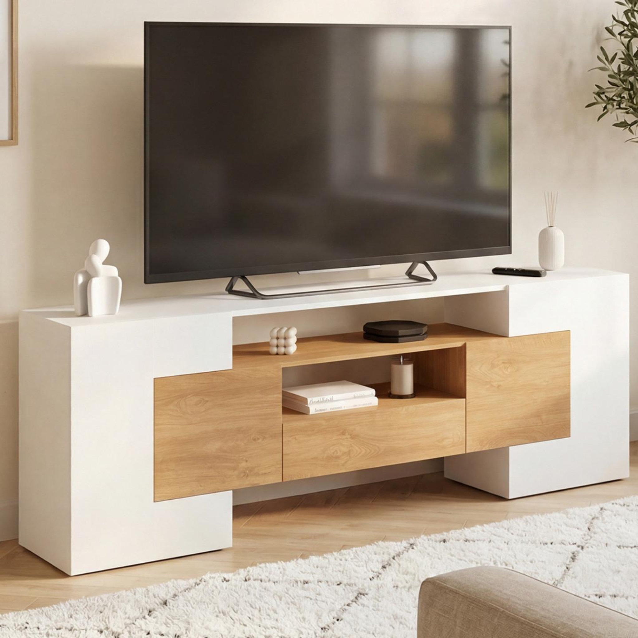 Voir la diapositive 2 : ID MARKET Meuble TV XXL 180 cm MARIO 4 portes et 1 tiroir bois et blanc
