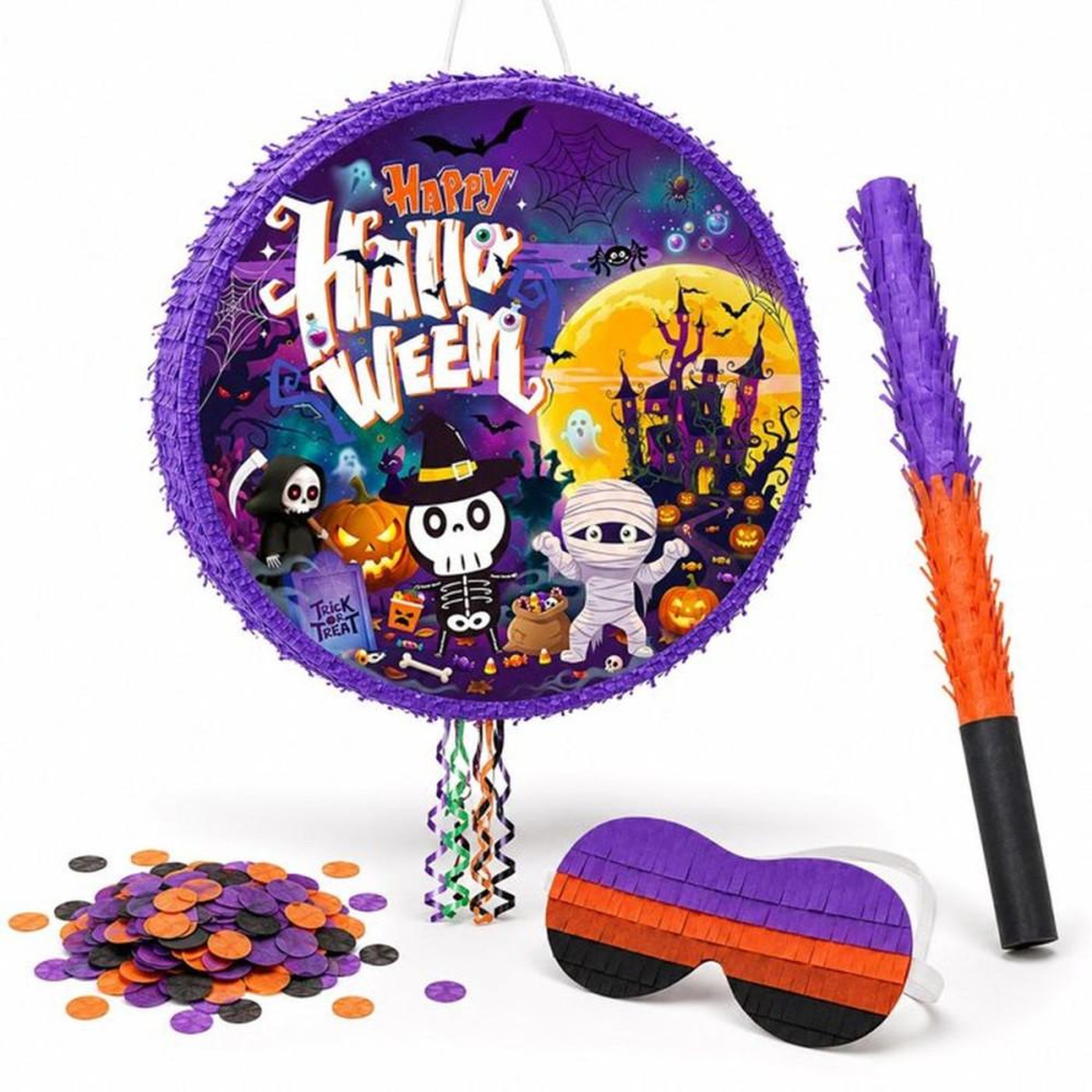 Coffret de 4 piñatas rondes Halloween 43 cm thème Happy Halloween décorations et accessoires