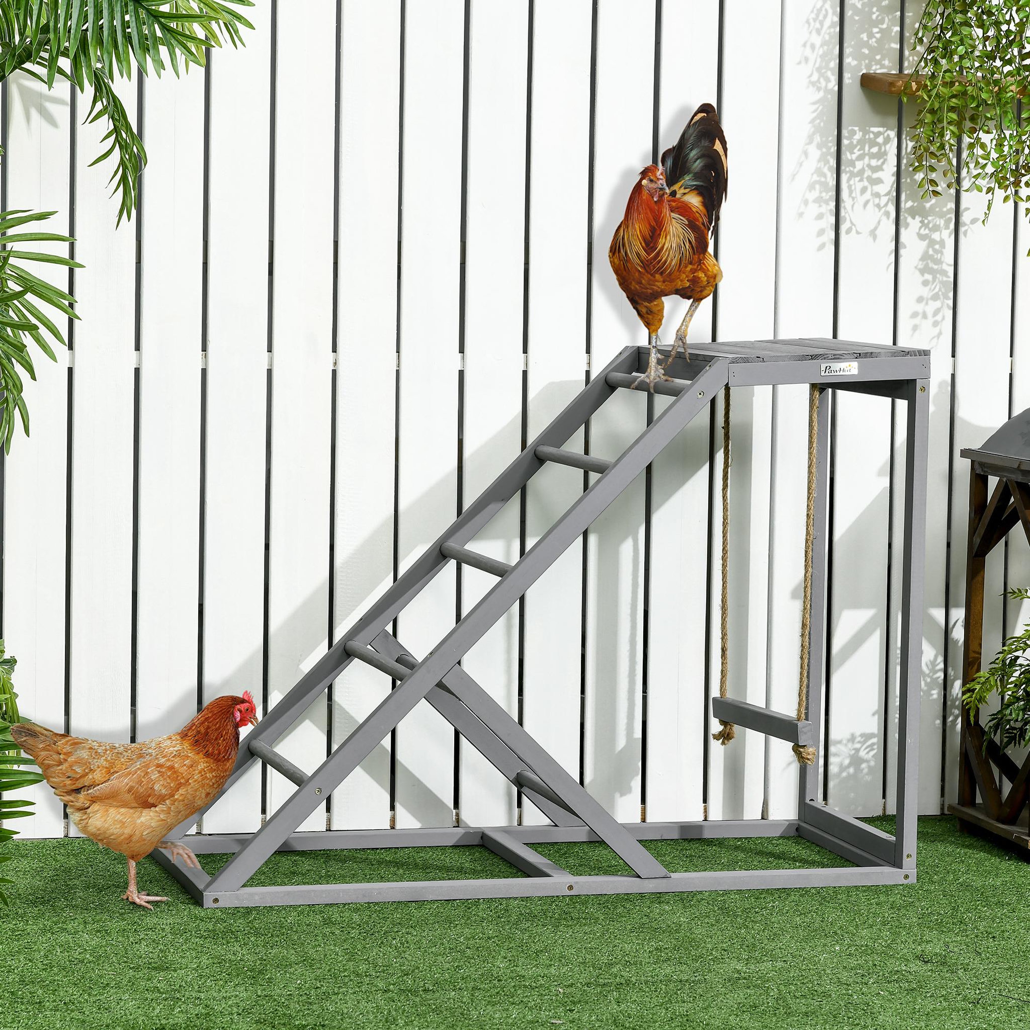 Voir la diapositive 2 : PAWHUT Perchoir grande taille pour poule balançoire plateforme 3 en 1 - dim. 96 x 40 x 71 cm - bois gris