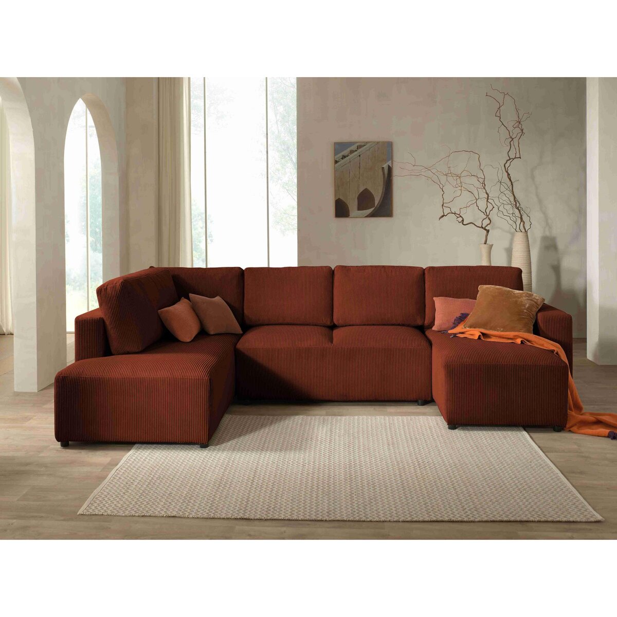 LISA DESIGN Livy - canapé panoramique convertible - avec coffre - en velours côtelé - 7 places - gauche