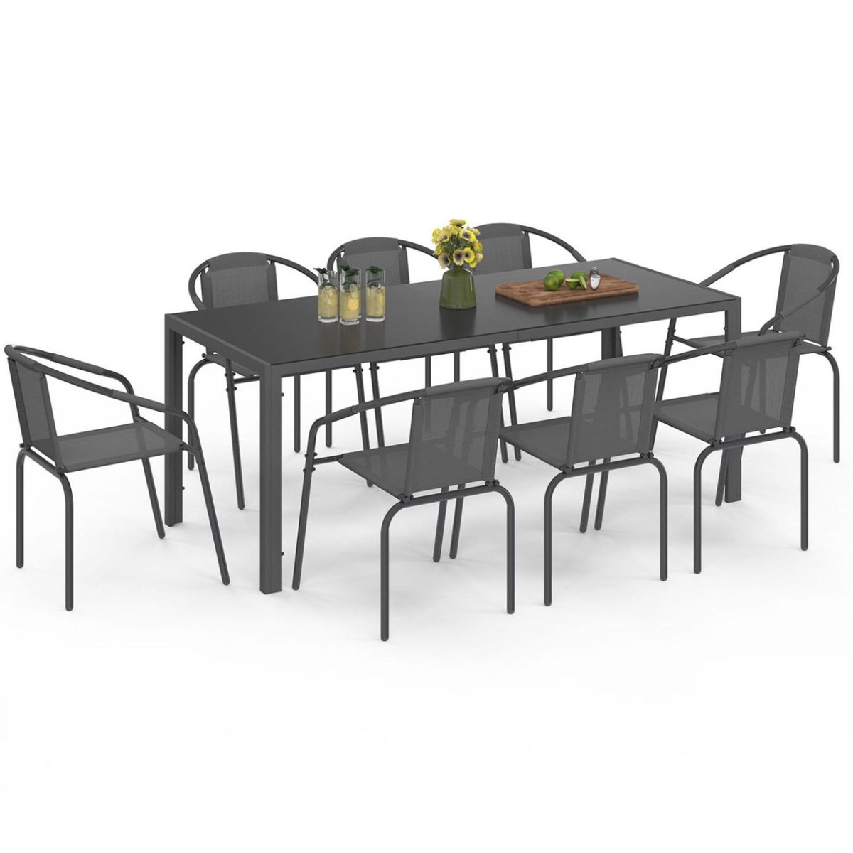 ID MARKET Salon de jardin THELMA table 190 CM et 8 chaises empilables gris anthracite