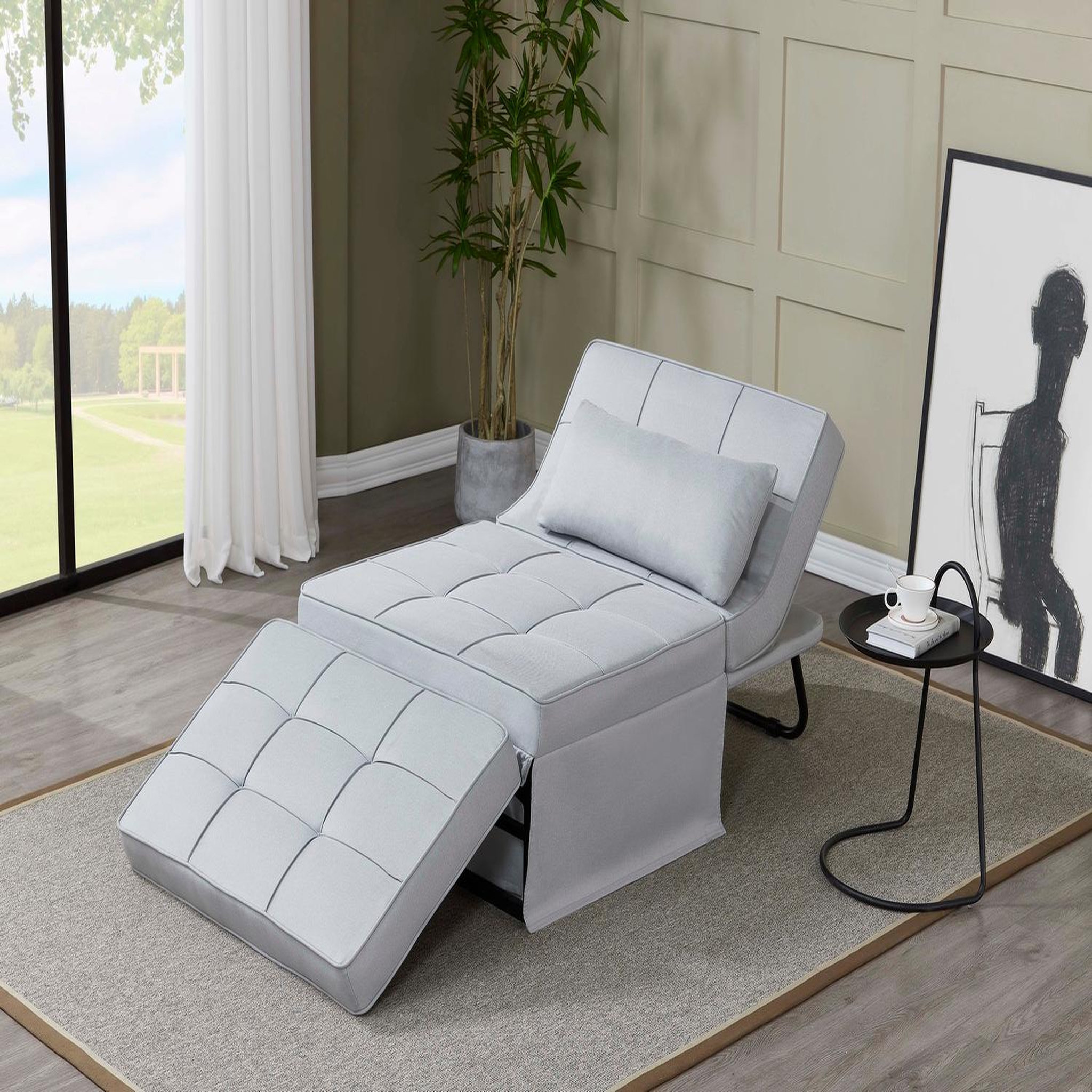 Voir la diapositive 2 : CONCEPT USINE Fauteuil pouf ottoman gris 3 en 1 en tissu gris clair OTA