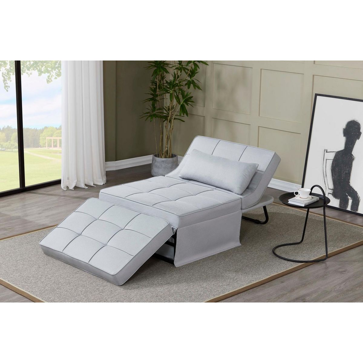 CONCEPT USINE Fauteuil pouf ottoman gris 3 en 1 en tissu gris clair OTA