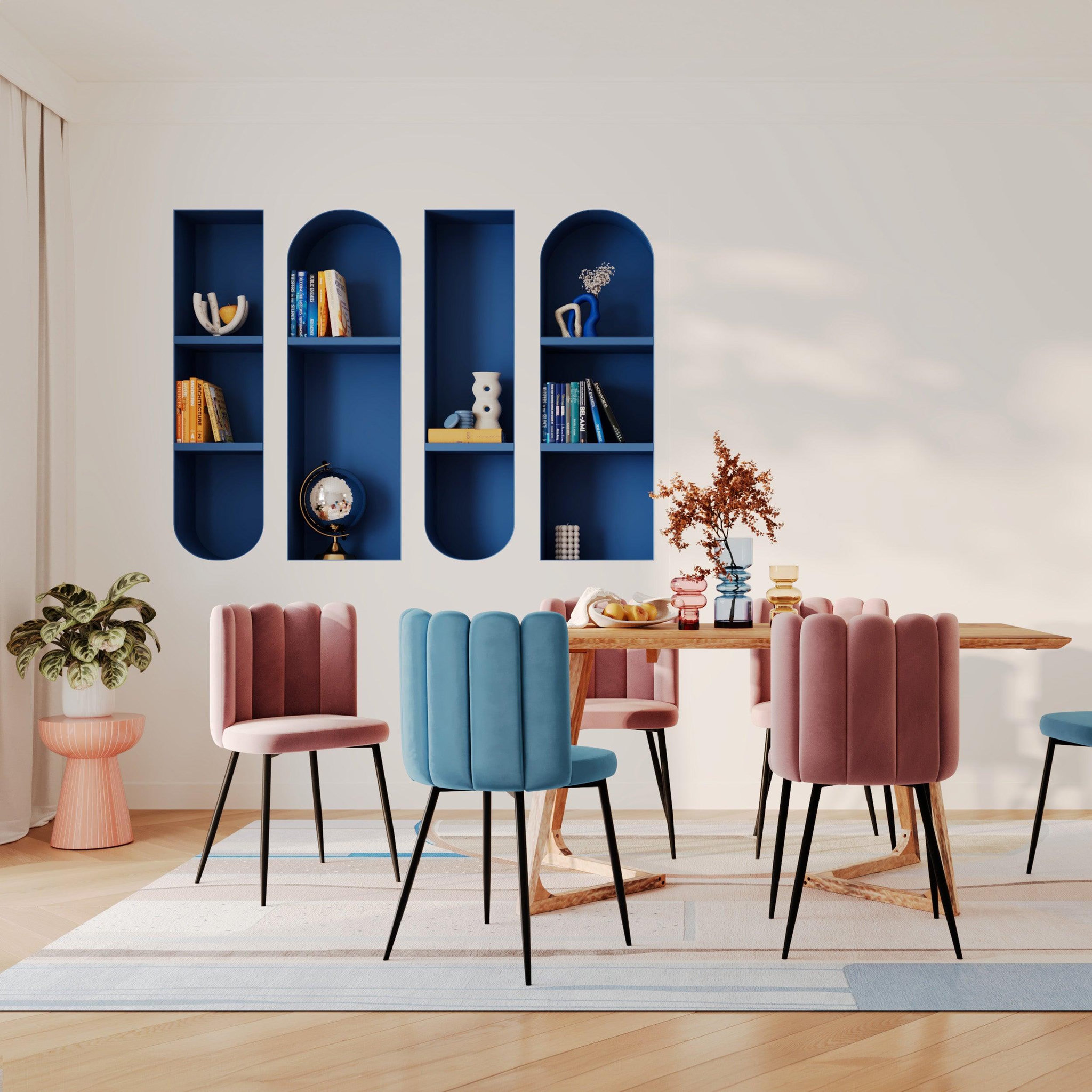 Voir la diapositive 6 : MAISON PAVANE Lot de 2 chaises en velours bleu et pieds en métal noir-rosy