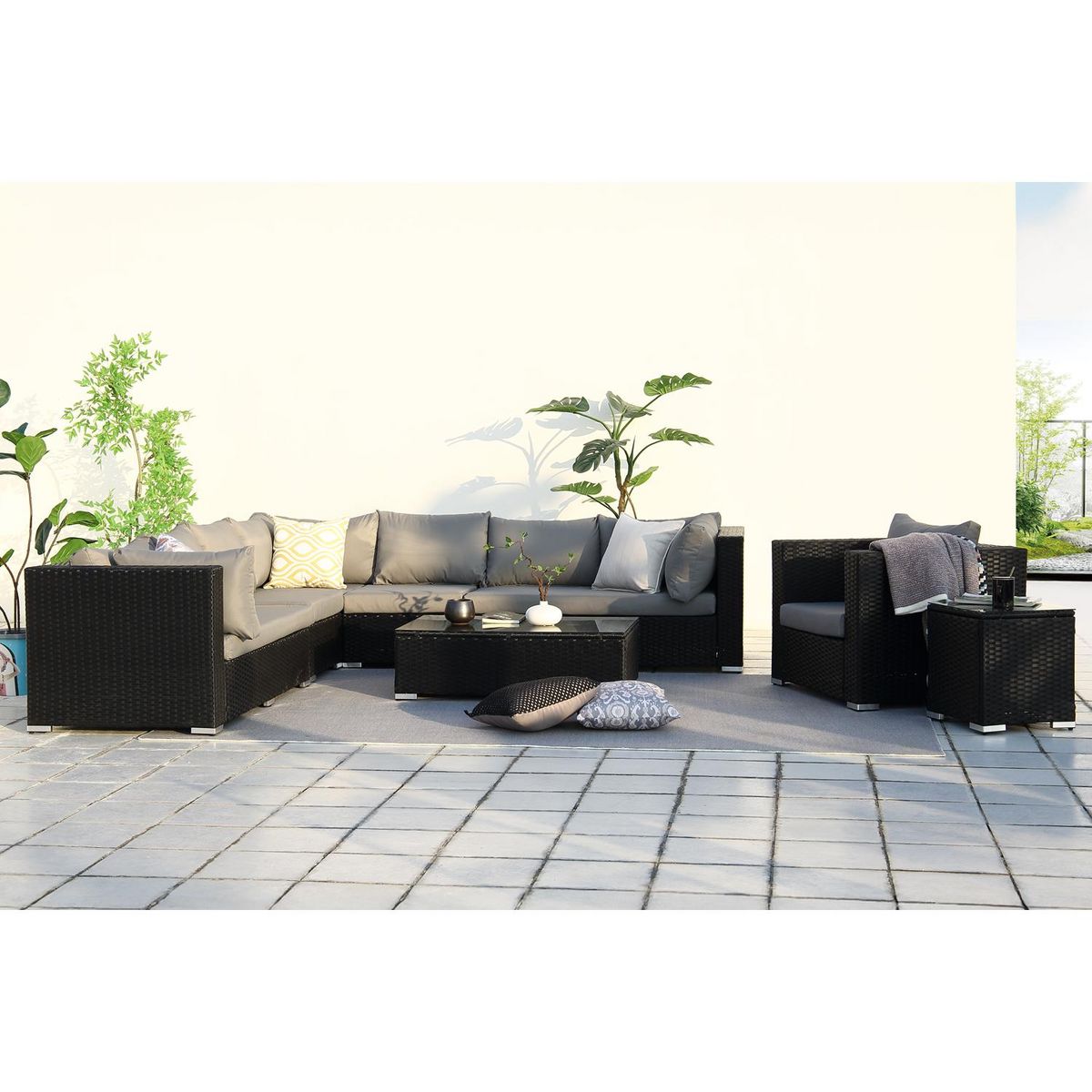 CONCEPT USINE Salon de jardin modulable 6 places en résine tressée - gris sombre et beige SALENTO