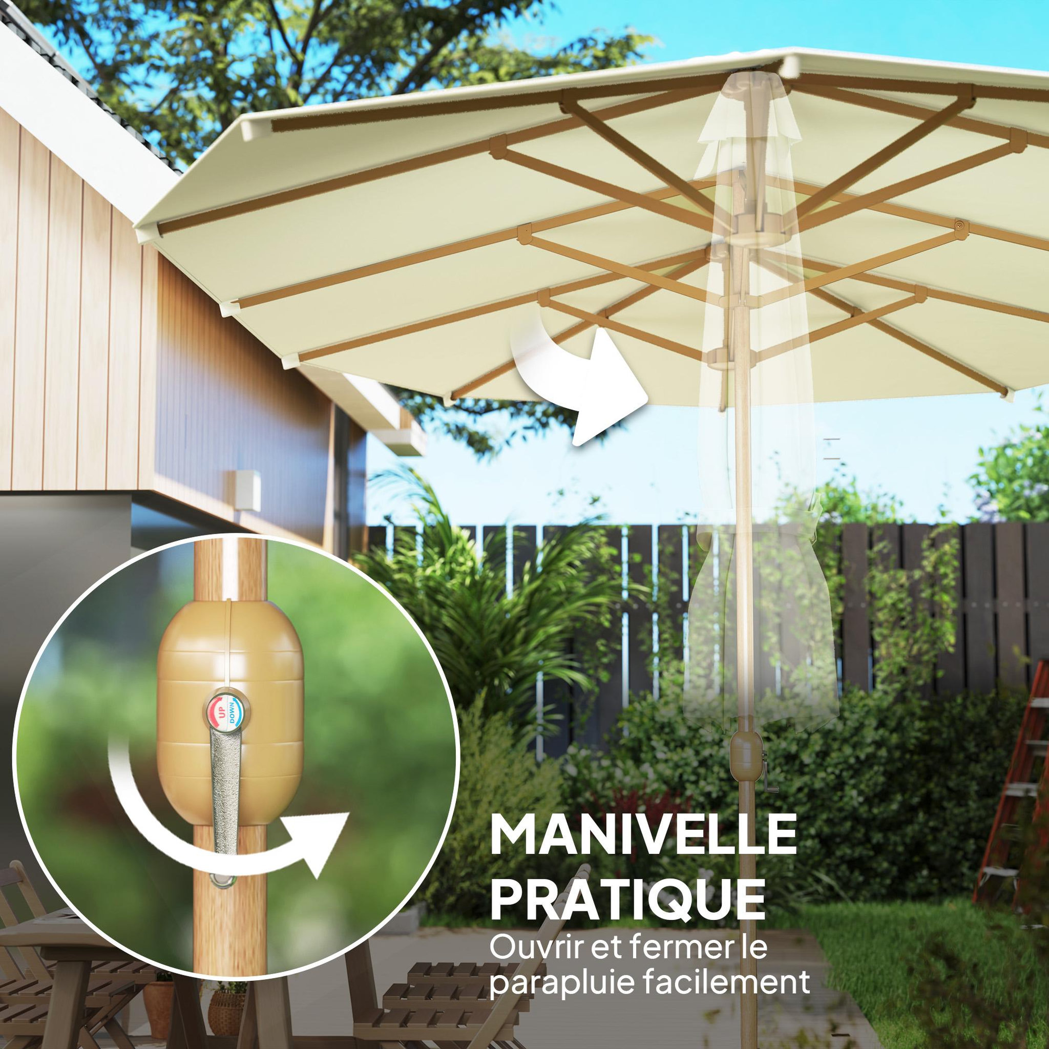 Voir la diapositive 5 : OUTSUNNY Parasol de jardin style exotique XXL dim. 455 x 265 cm ouverture fermeture manivelle acier effet bois tissu beige clair