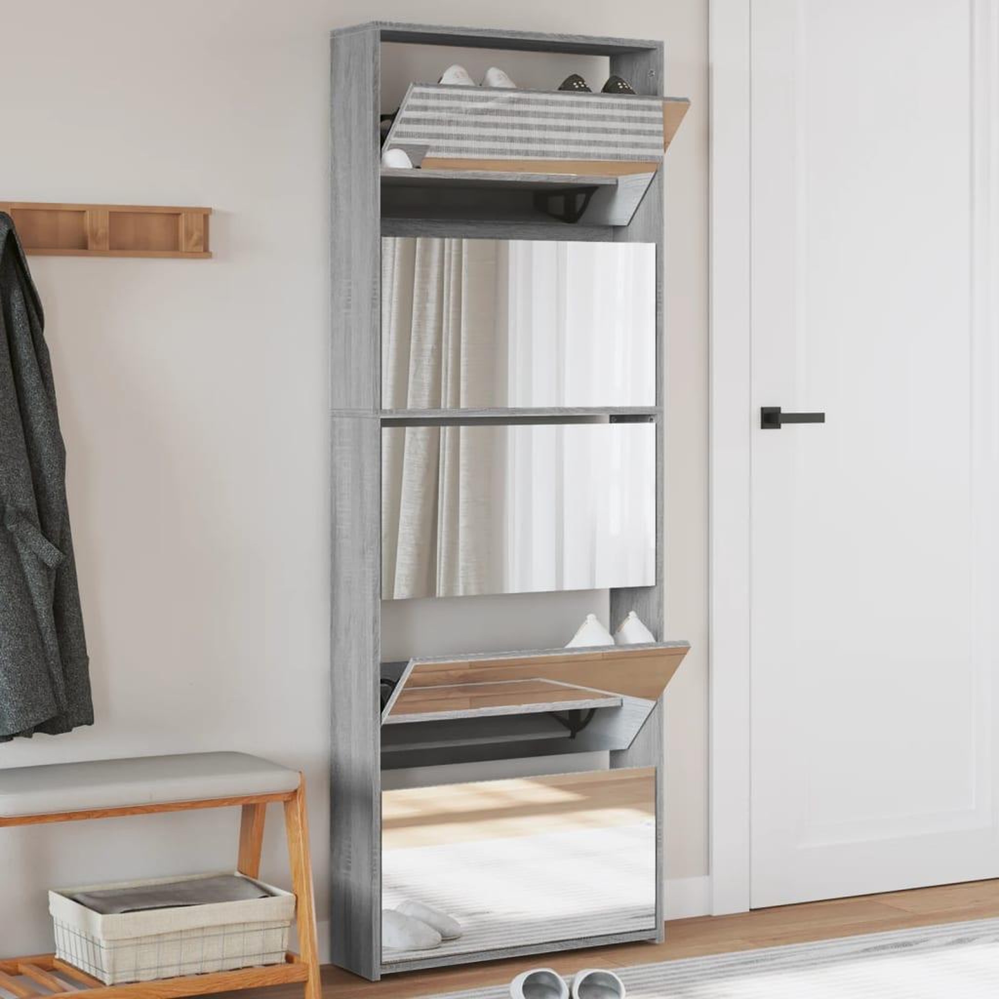 VIDAXL Armoire a chaussures miroir 5 niveaux sonoma gris 63x17x169,5cm