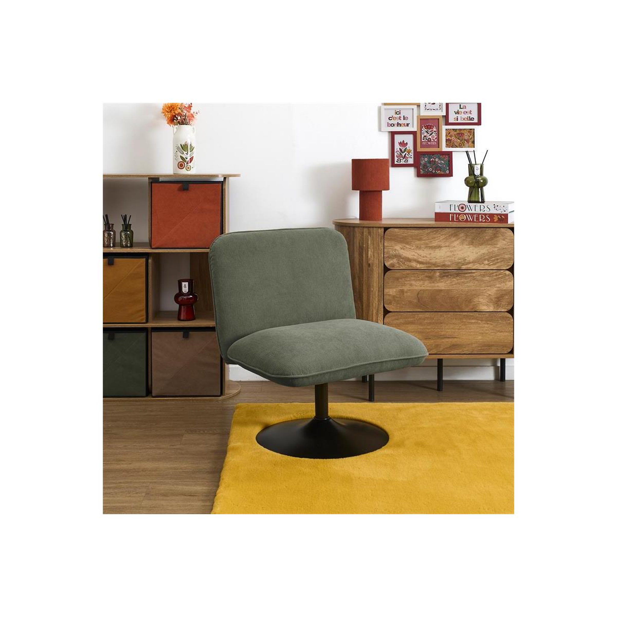Voir la diapositive 2 : The Home Deco Factory Fauteuil pivotant côtelé  jules  79cm vert