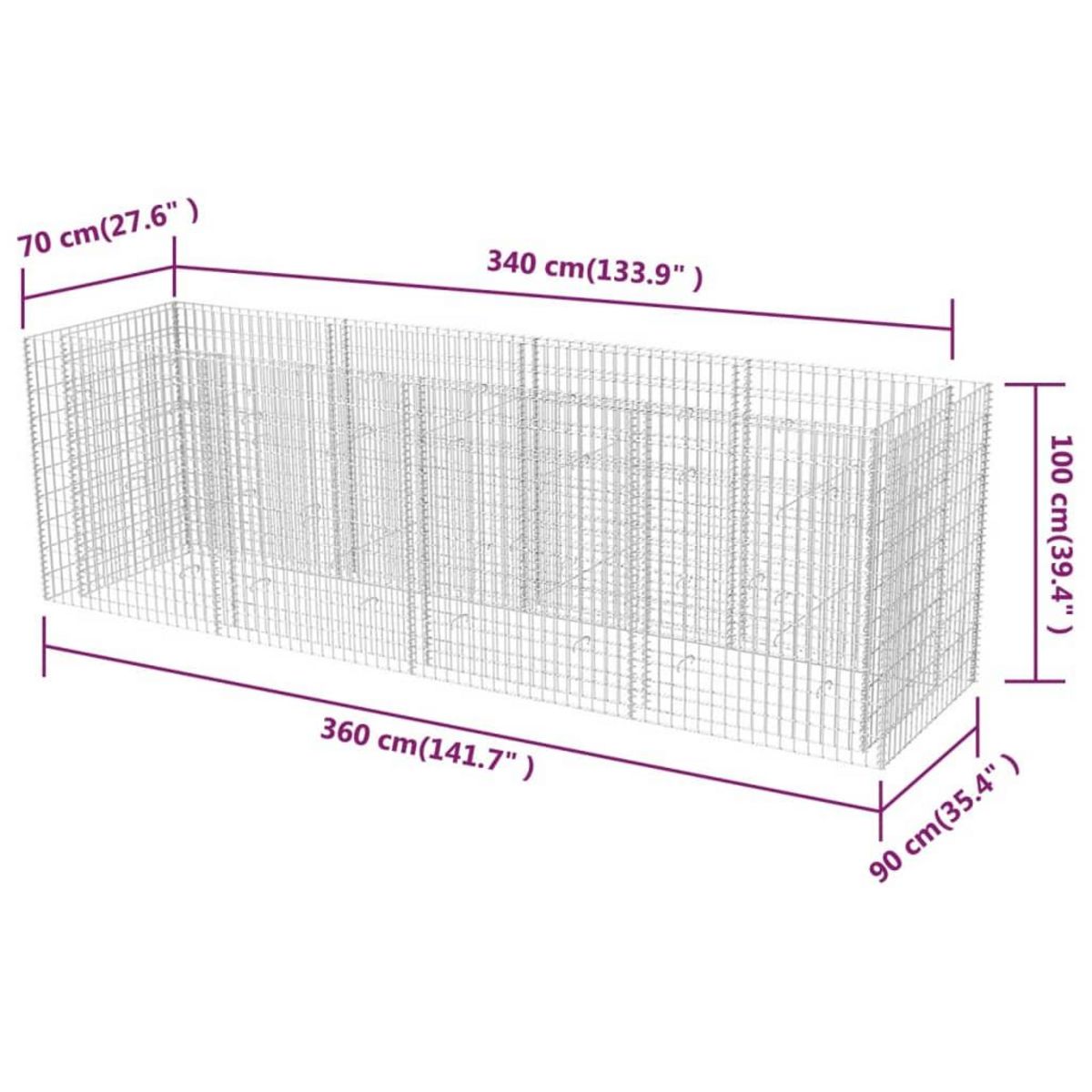 VIDAXL Lit sureleve a gabion Acier 360x90x100 cm