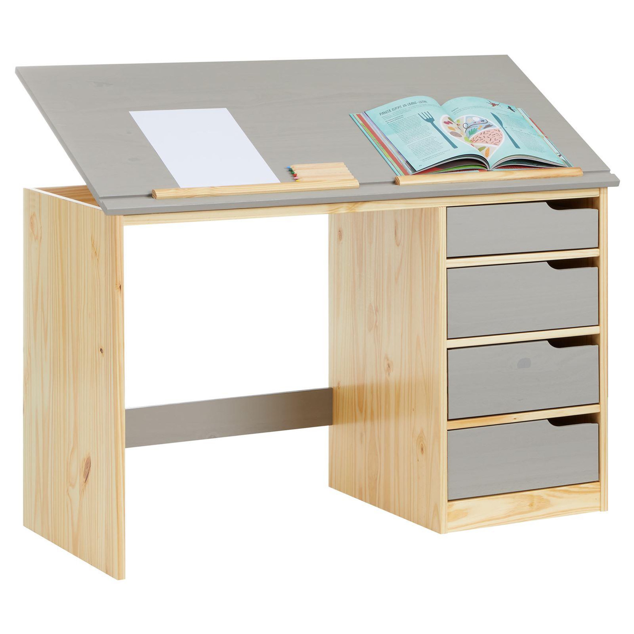 Voir la diapositive 5 : IDIMEX Bureau enfant EMMA, en pin massif, 4 tiroirs et plateau inclinable
