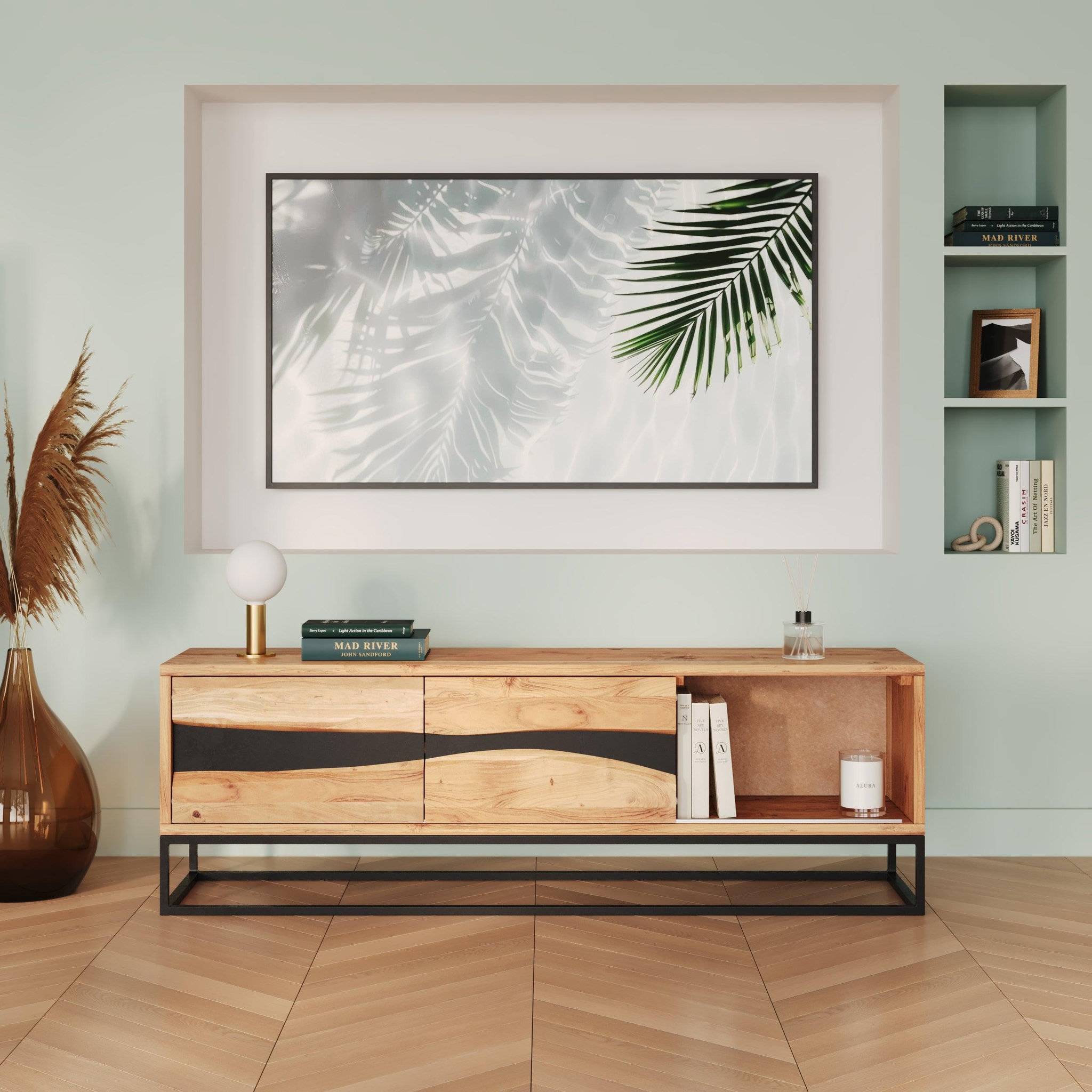 Voir la diapositive 2 : MAISON PAVANE Meuble tv en bois d'acacia massif et métal 140 cm-alabama