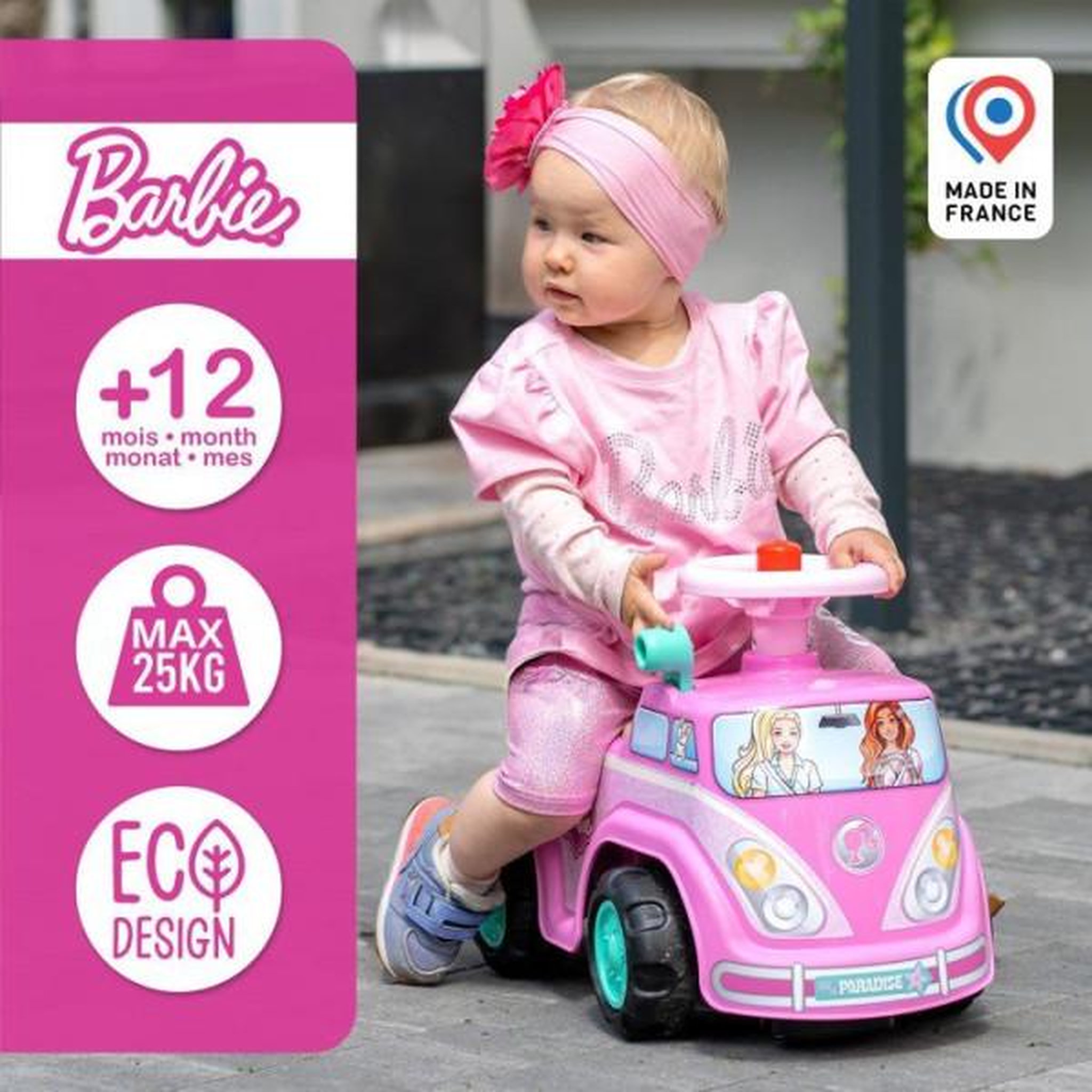 Voir la diapositive 4 : FALK Porteur trotteur  - falk - van rétro barbie - assise ouvrante - volant avec klaxon - plaque personnalisable - des 12 mois