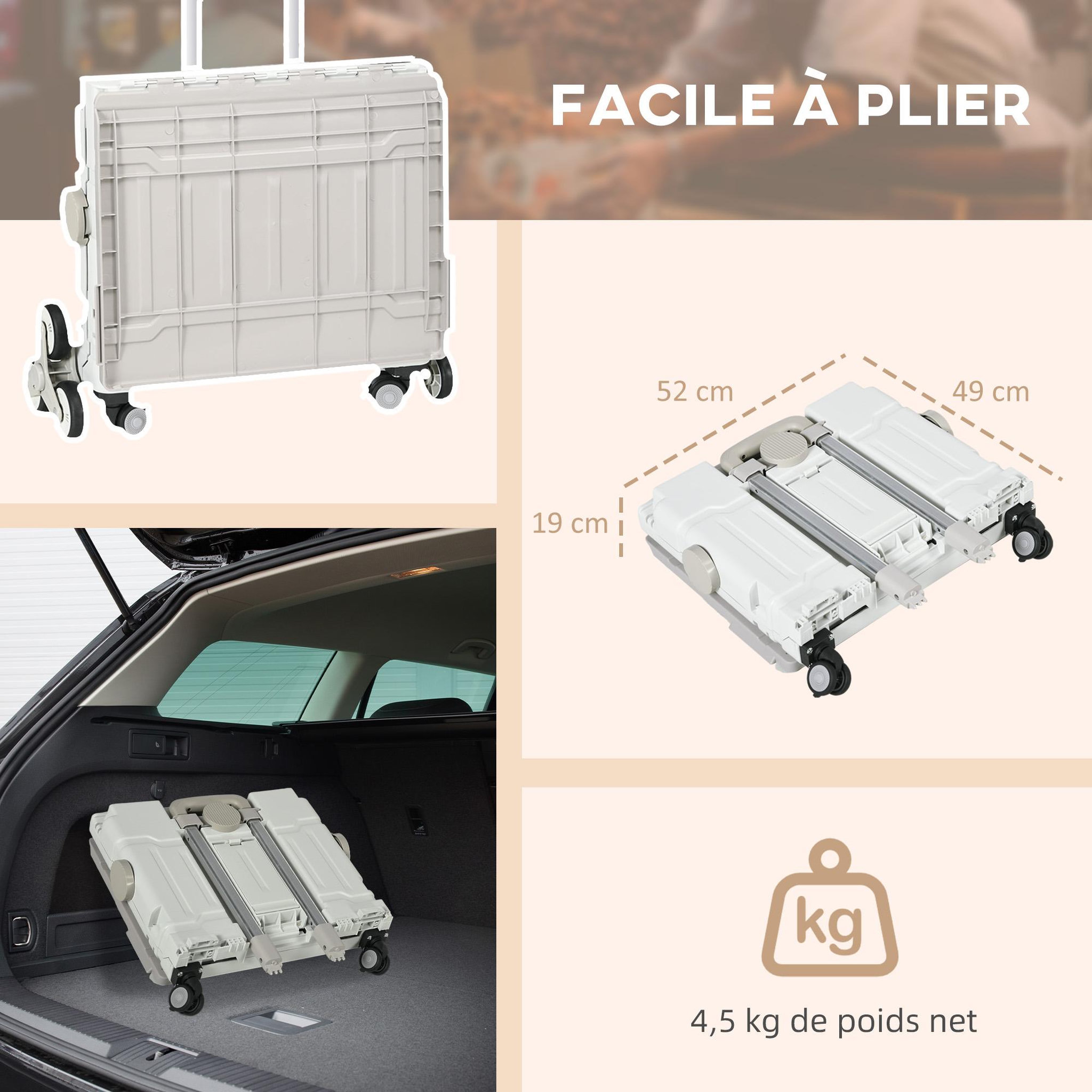 Voir la diapositive 4 : HOMCOM Chariot de courses pliable monte escalier 8 roues 51L max. 80 Kg poignée télescopique alu PP gris blanc