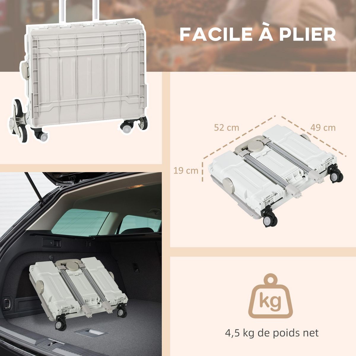 HOMCOM Chariot de courses pliable monte escalier 8 roues 51L max. 80 Kg poignée télescopique alu PP gris blanc