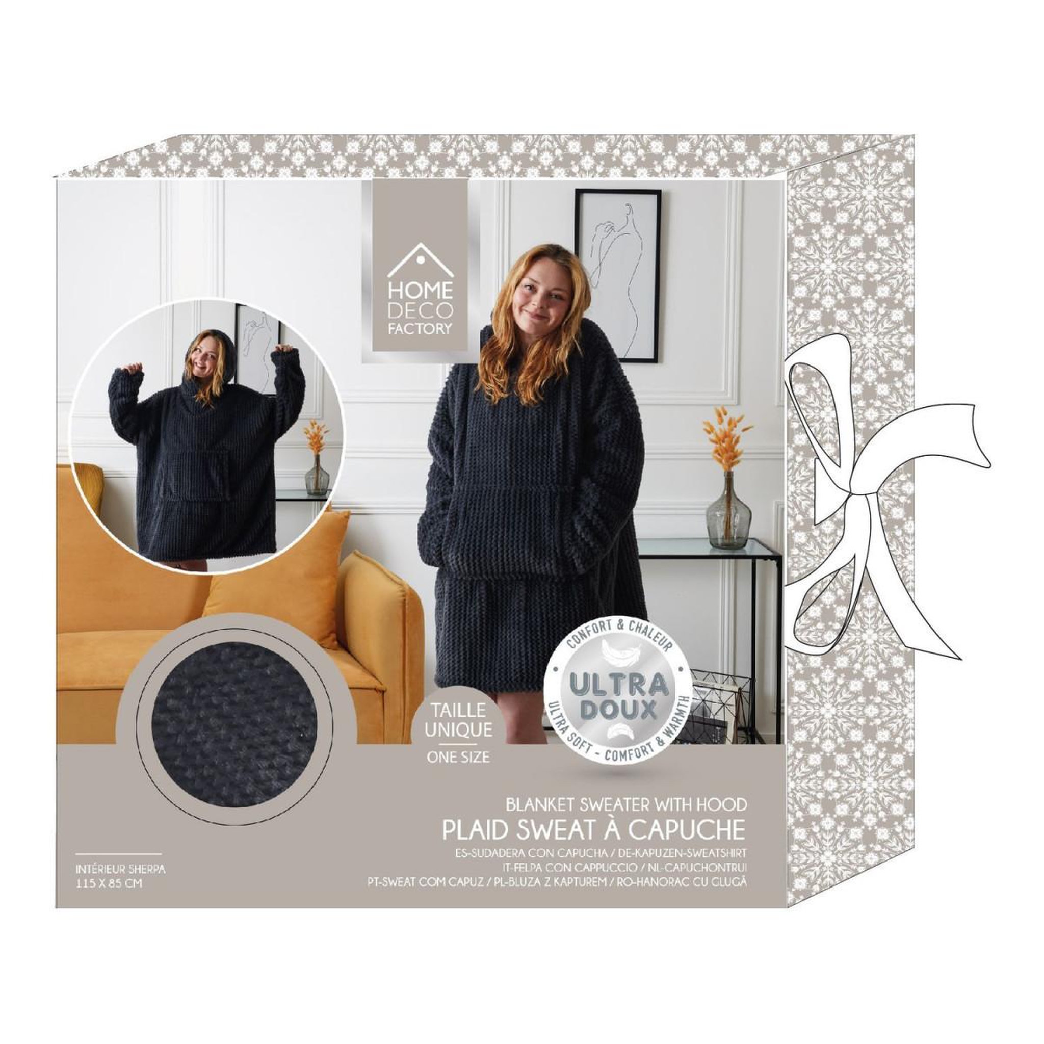 Voir la diapositive 4 : The Home Deco Factory Plaid sweat à capuche  chevron  85x115cm gris foncé