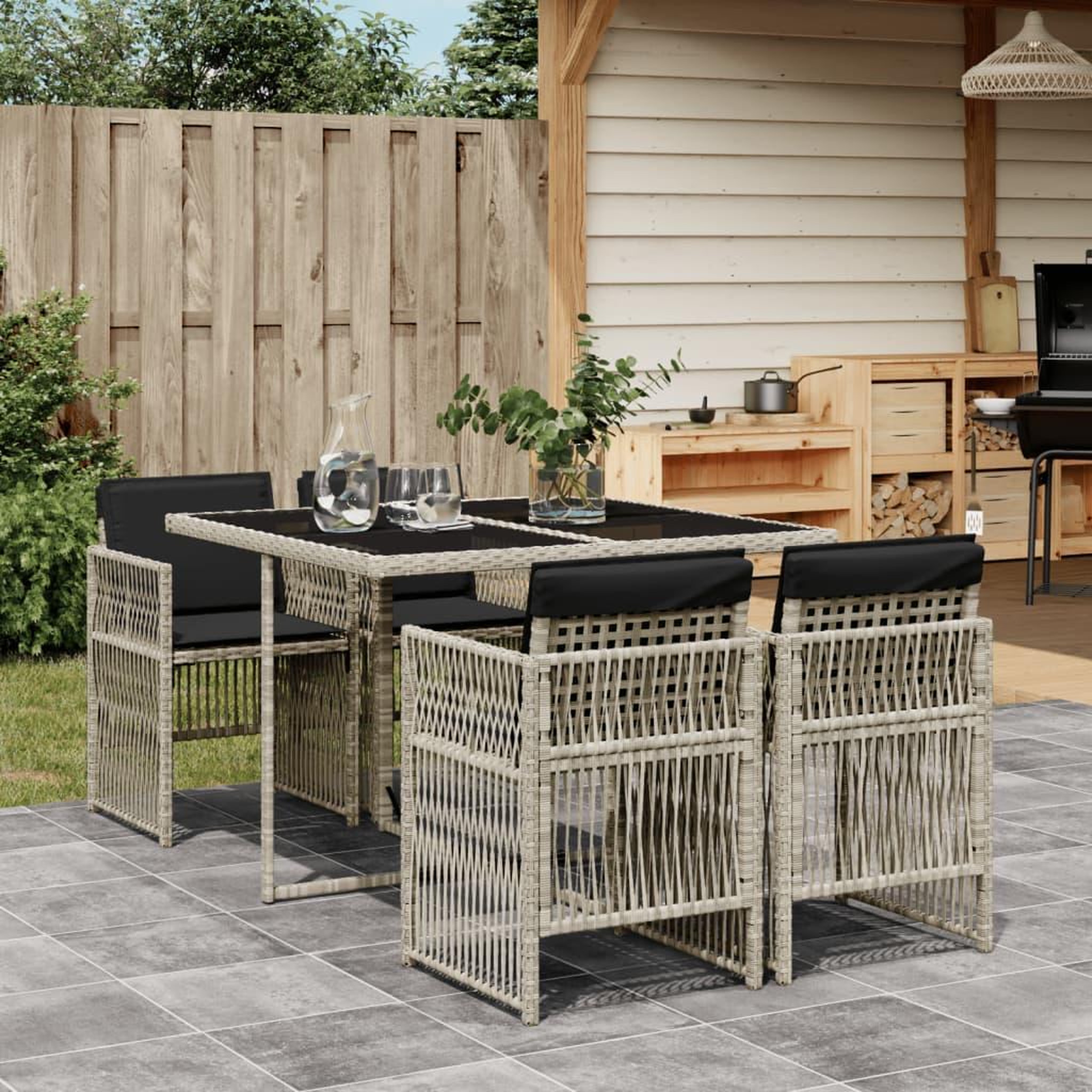 Voir la diapositive 1 : VIDAXL Ensemble a manger de jardin et coussins 5 pcs gris clair rotin