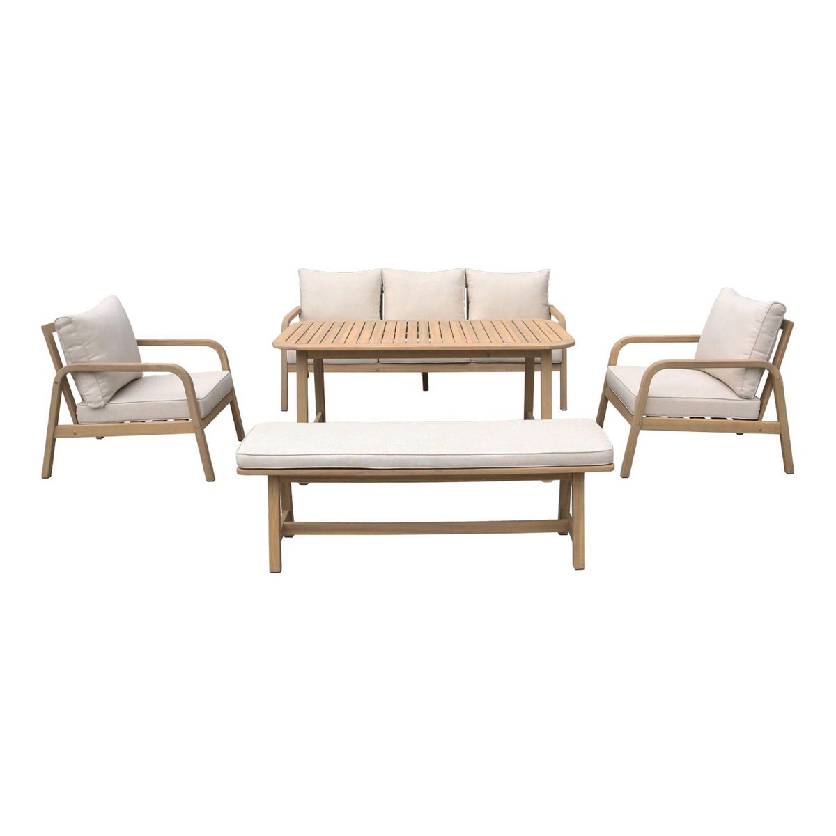 SWEEEK Salon de jardin 7 places CARNOTA DINING en bois d'acacia. table rectangulaire. coussins beige