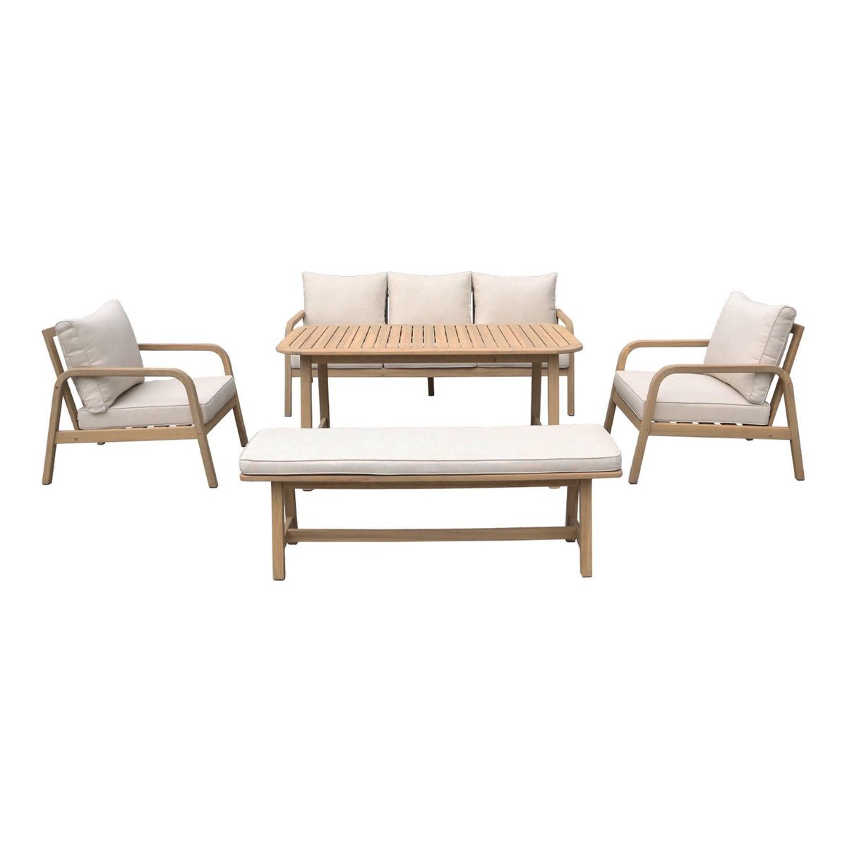 SWEEEK Salon de jardin 7 places CARNOTA DINING en bois d'acacia. table rectangulaire. coussins beige