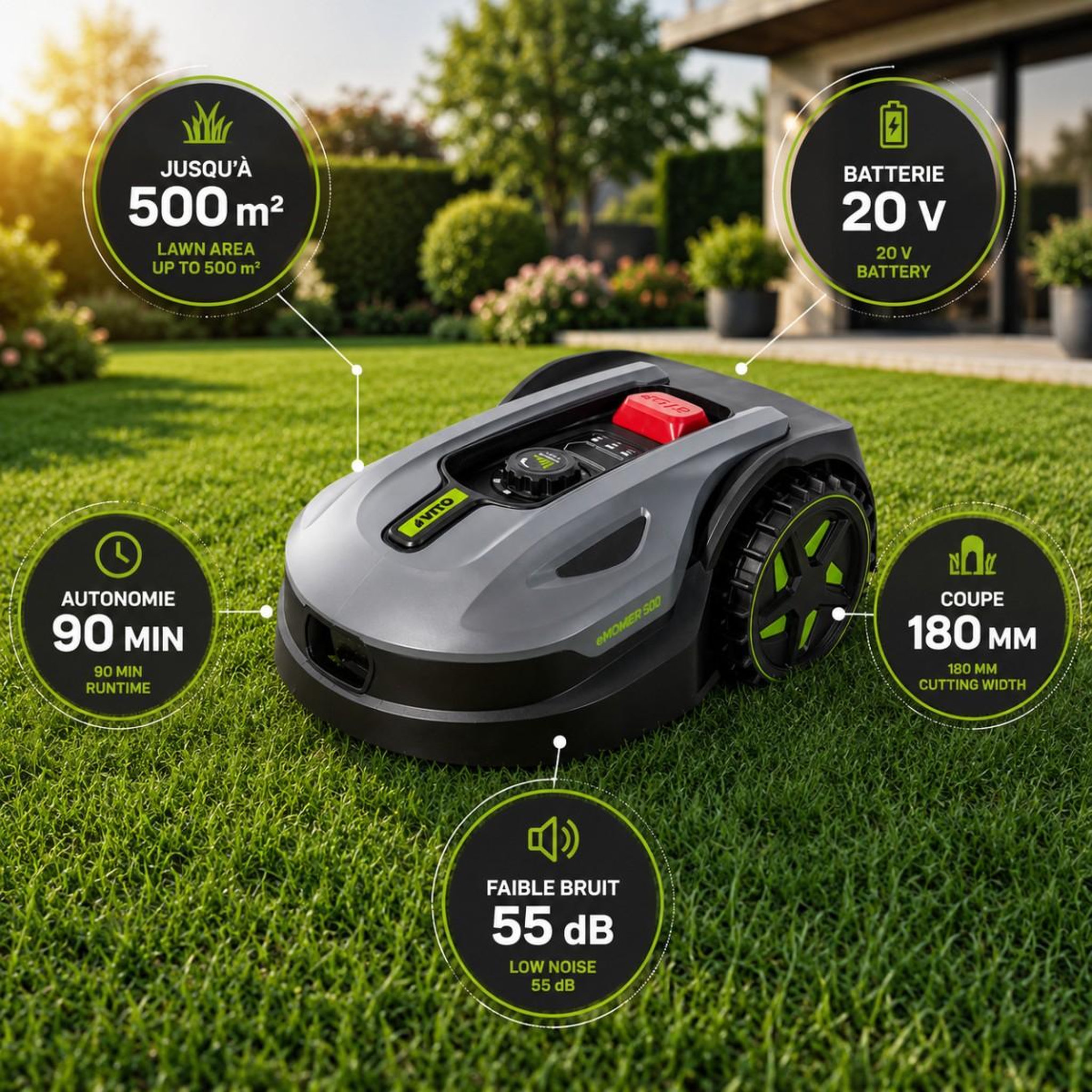 Voir la diapositive 2 : VITO Robot tondeuse sans fil 500m2 brushless 3 lames coupe 180mm retour station automatique mulching vito