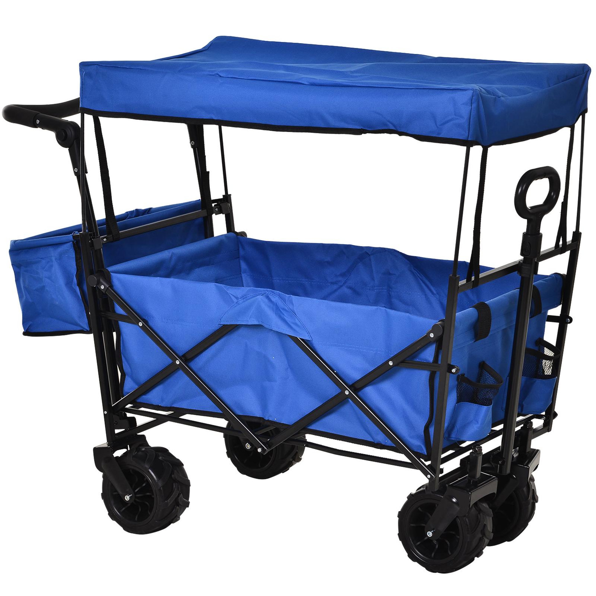 Voir la diapositive 1 : OUTSUNNY Chariot pliant avec toit, poignée, panier - chariot de plage - chariot de transport pliable tout-terrain métal noir oxford bleu
