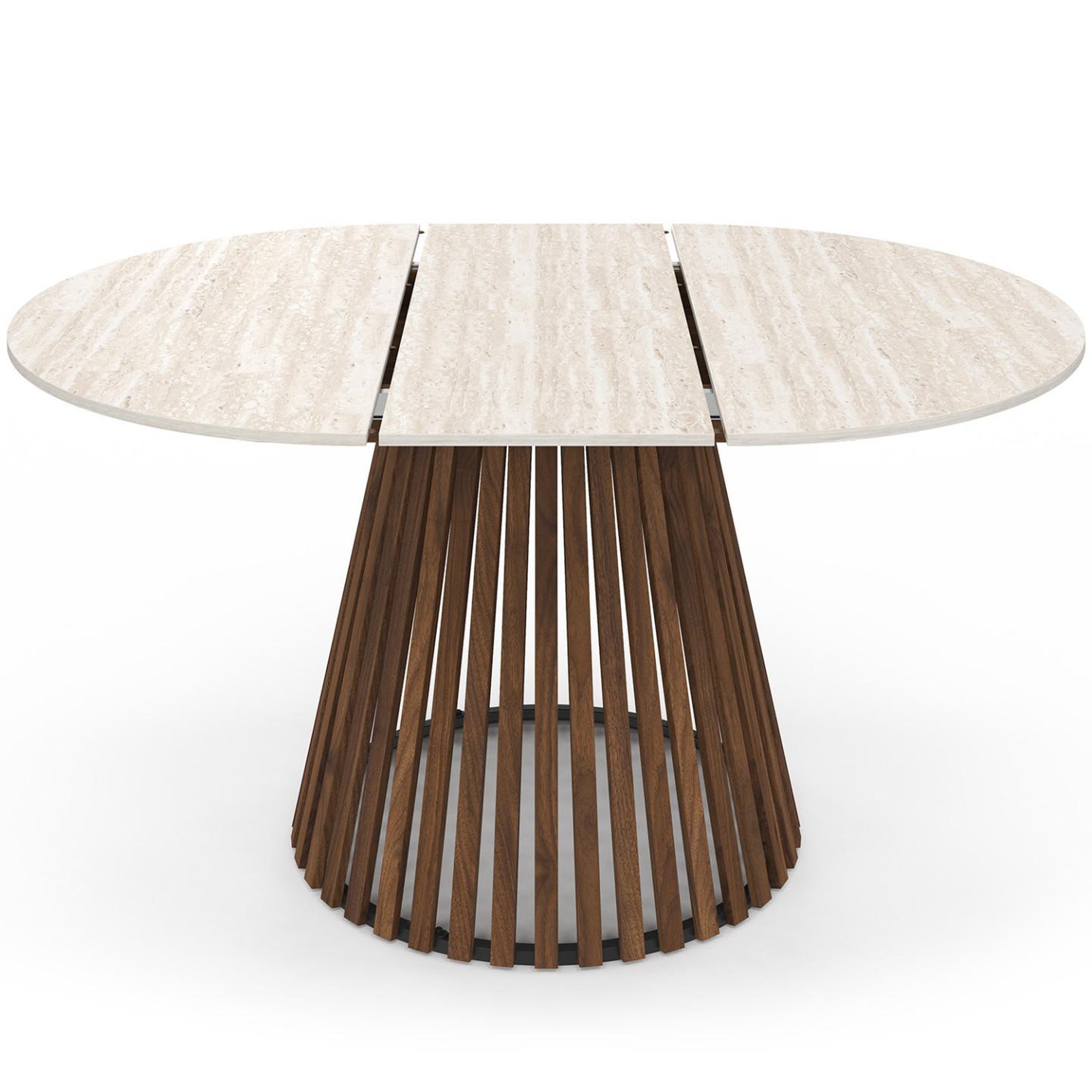 Voir la diapositive 3 : ID MARKET Table à manger extensible ronde carmen 4-8 personnes pied noyer en lattes et plateau effet travertin 110 - 150 cm