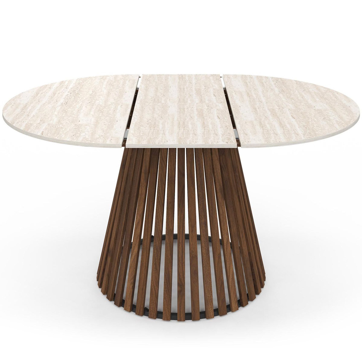 ID MARKET Table à manger extensible ronde CARMEN 4-8 personnes pied noyer en lattes et plateau effet travertin 110 - 150 cm